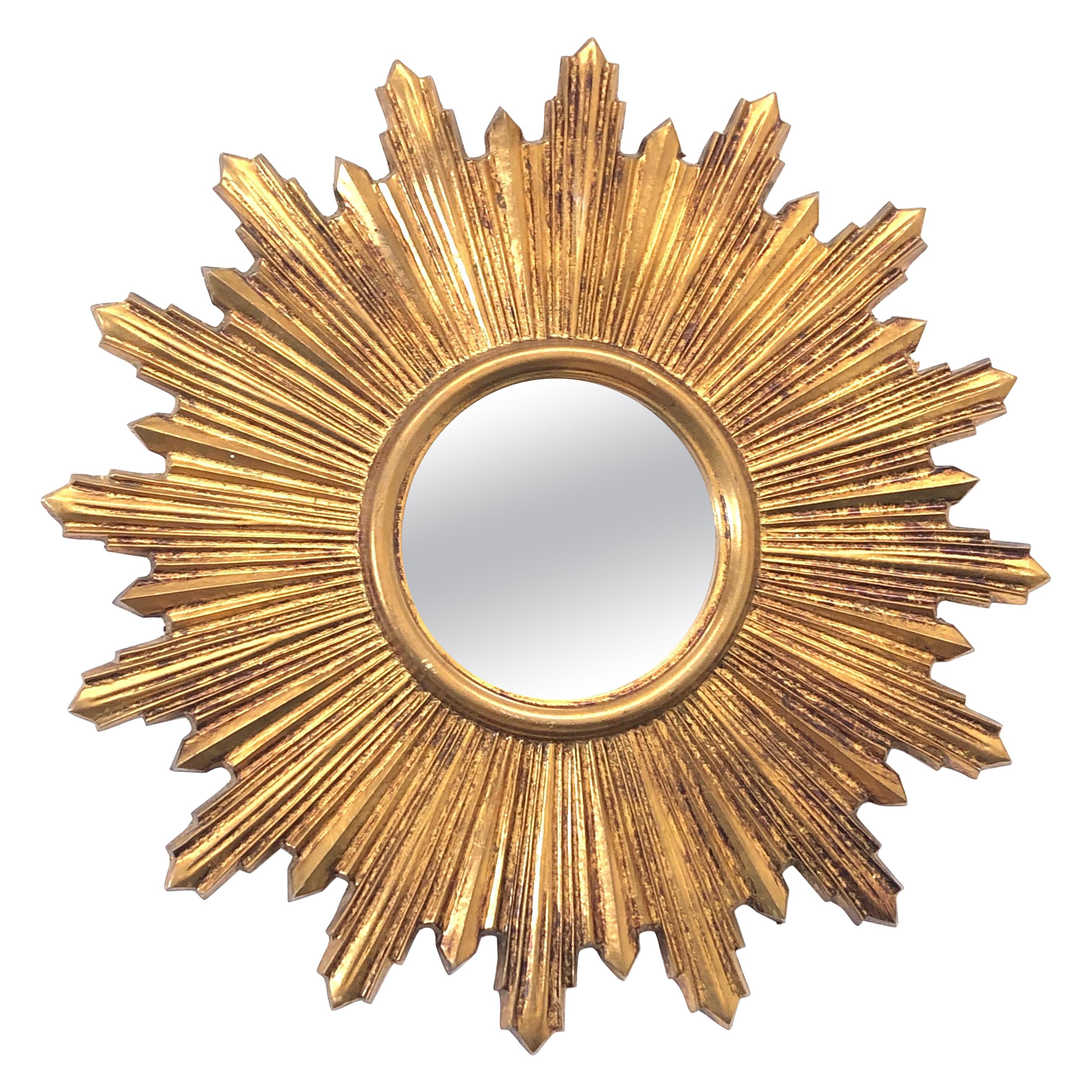 Petite French Starburst Sunburst Gilded Wood Mirror, circa 1970s