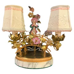 Petite French table lamp bronze and porcelain on marble base