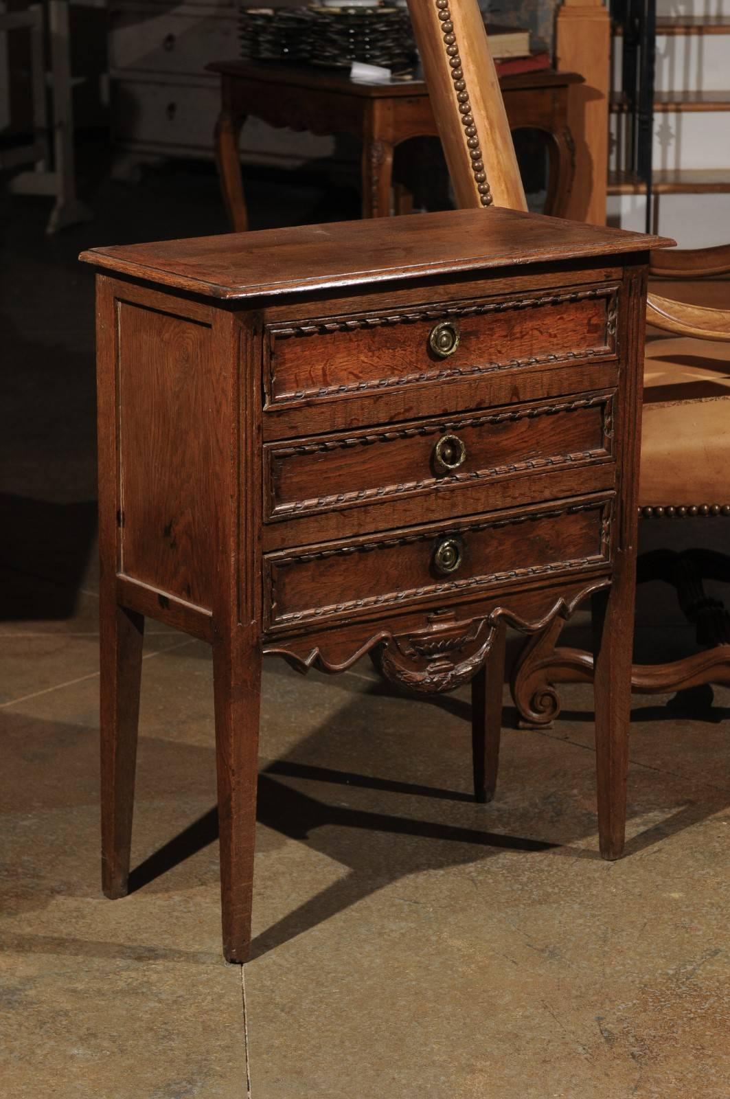 Petite French Three-Drawer Oak Commode with Carved Skirt and Ribbons, circa 1850 3