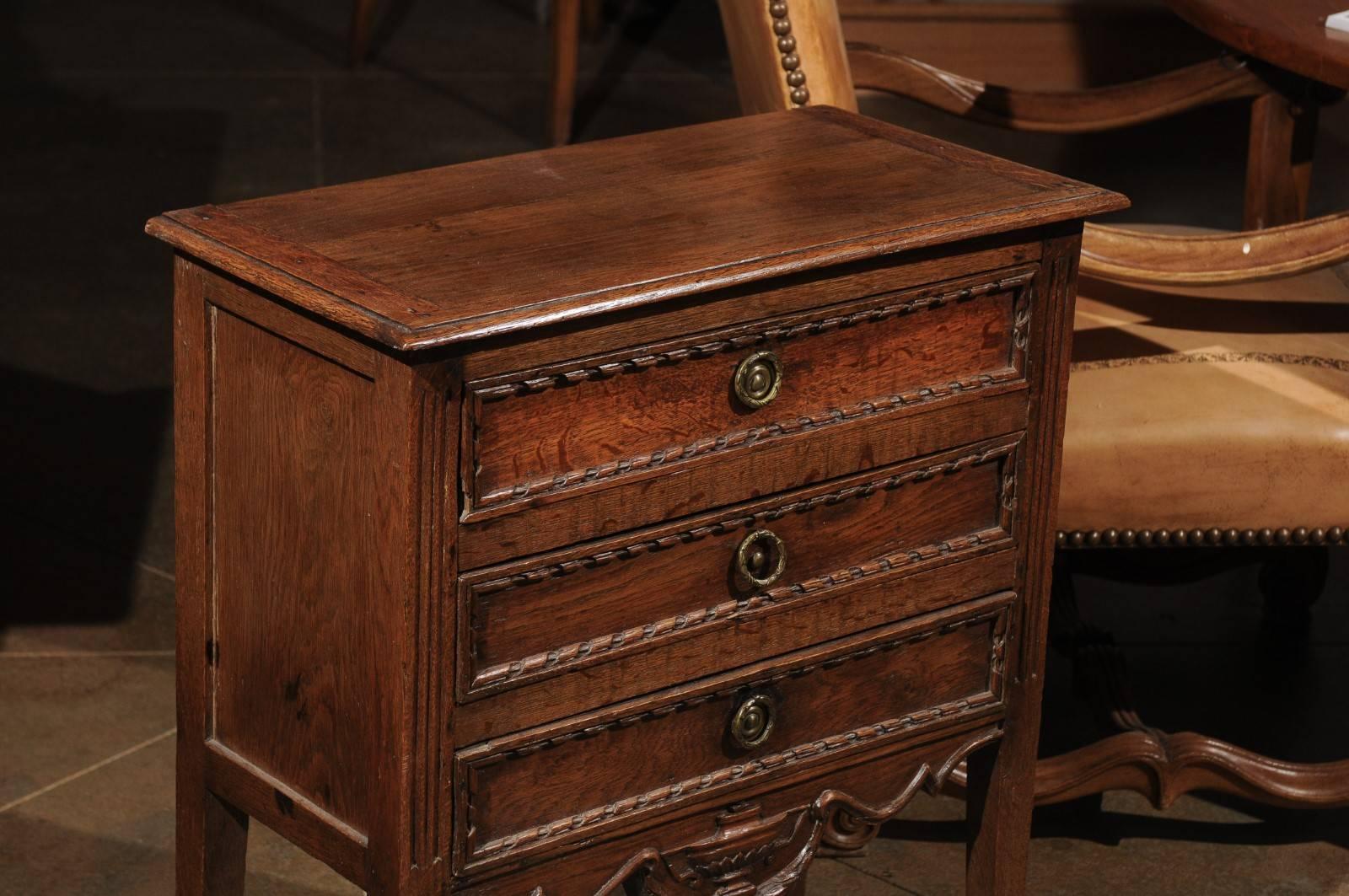 Petite French Three-Drawer Oak Commode with Carved Skirt and Ribbons, circa 1850 5