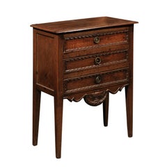 Antique Petite French Three-Drawer Oak Commode with Carved Skirt and Ribbons, circa 1850