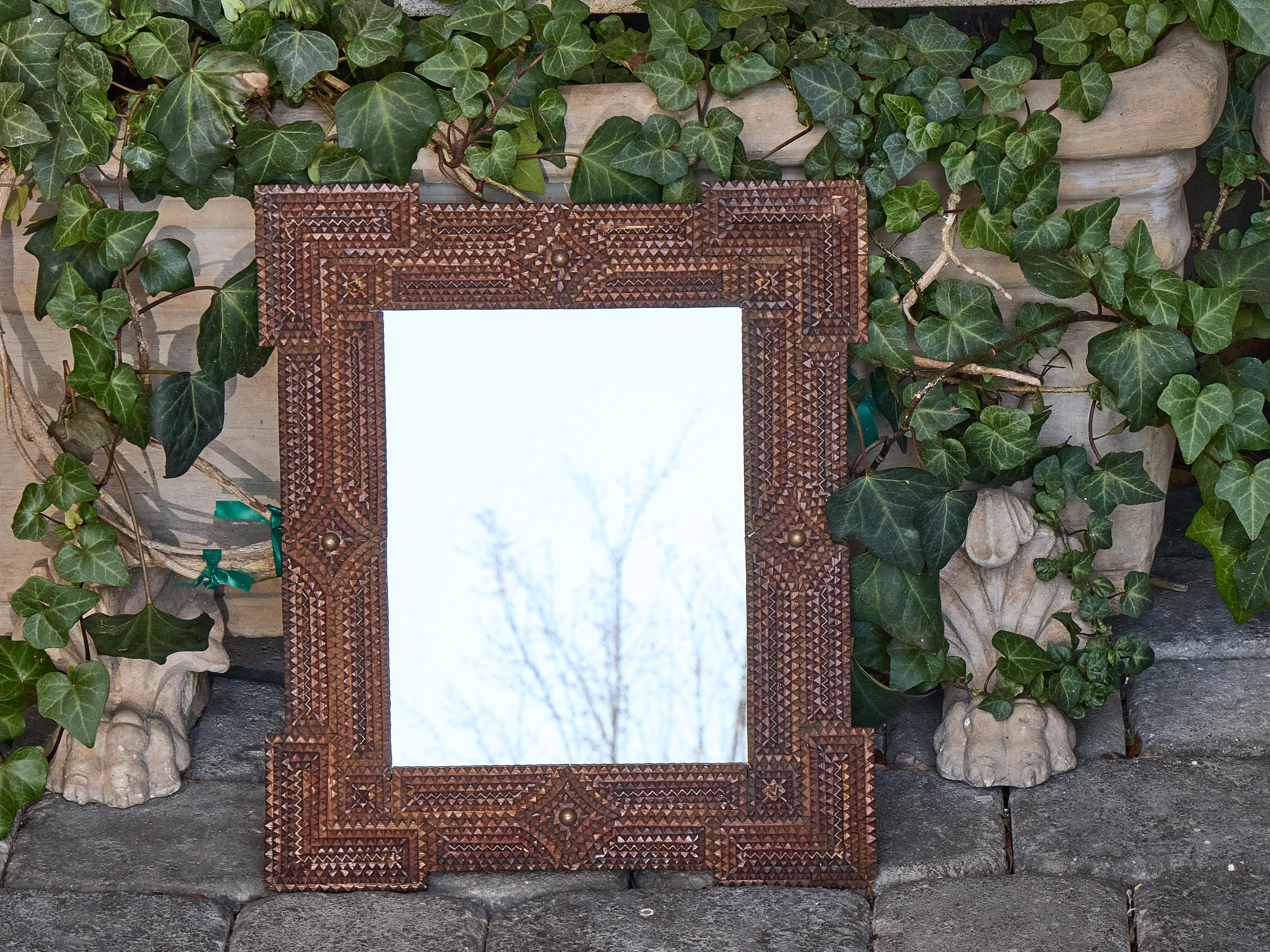 Petite French Tramp Art Mirror with Carved Geometric Frame, circa 1900 For Sale 6