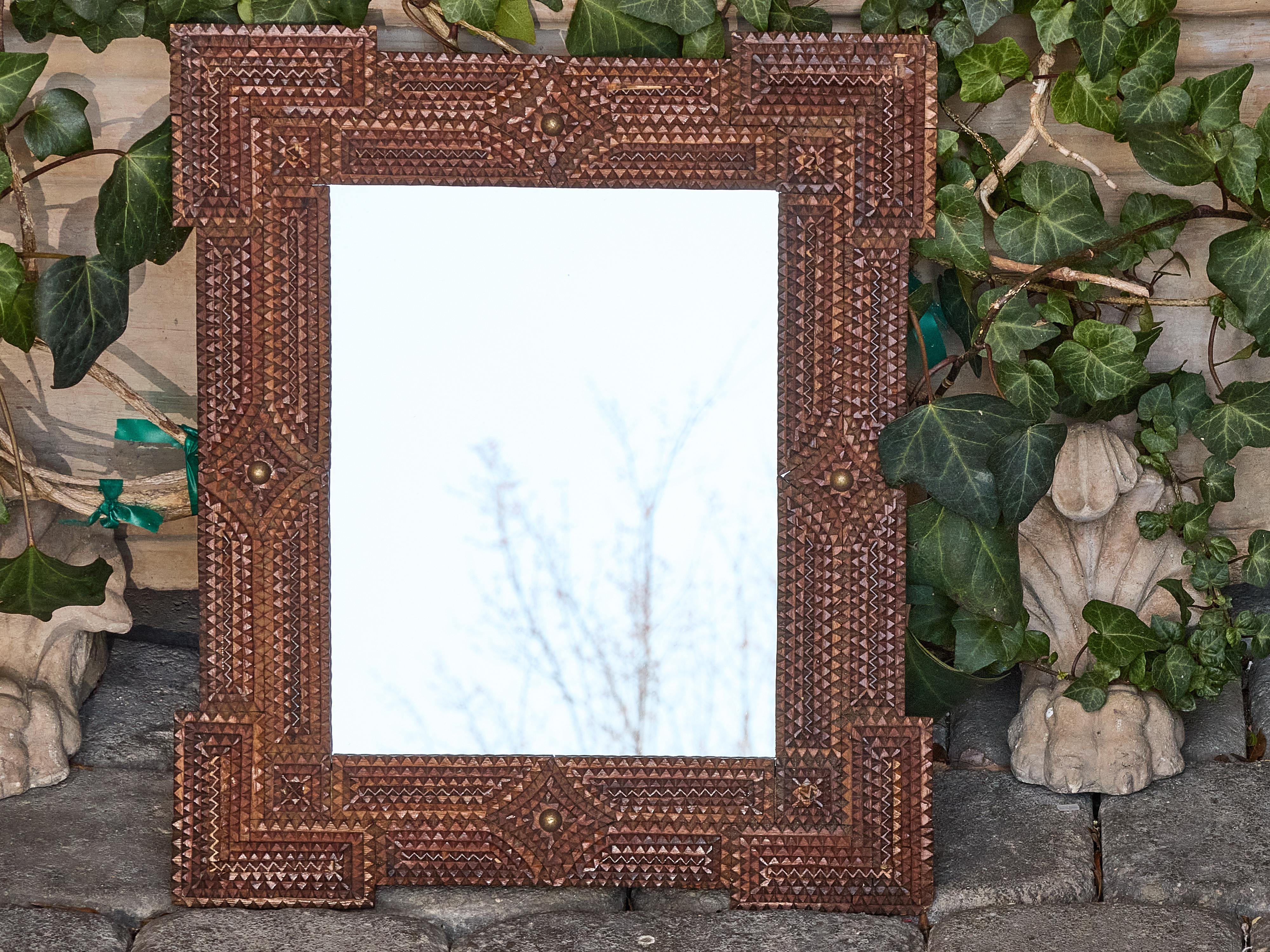 Folk Art Petite French Tramp Art Mirror with Carved Geometric Frame, circa 1900 For Sale