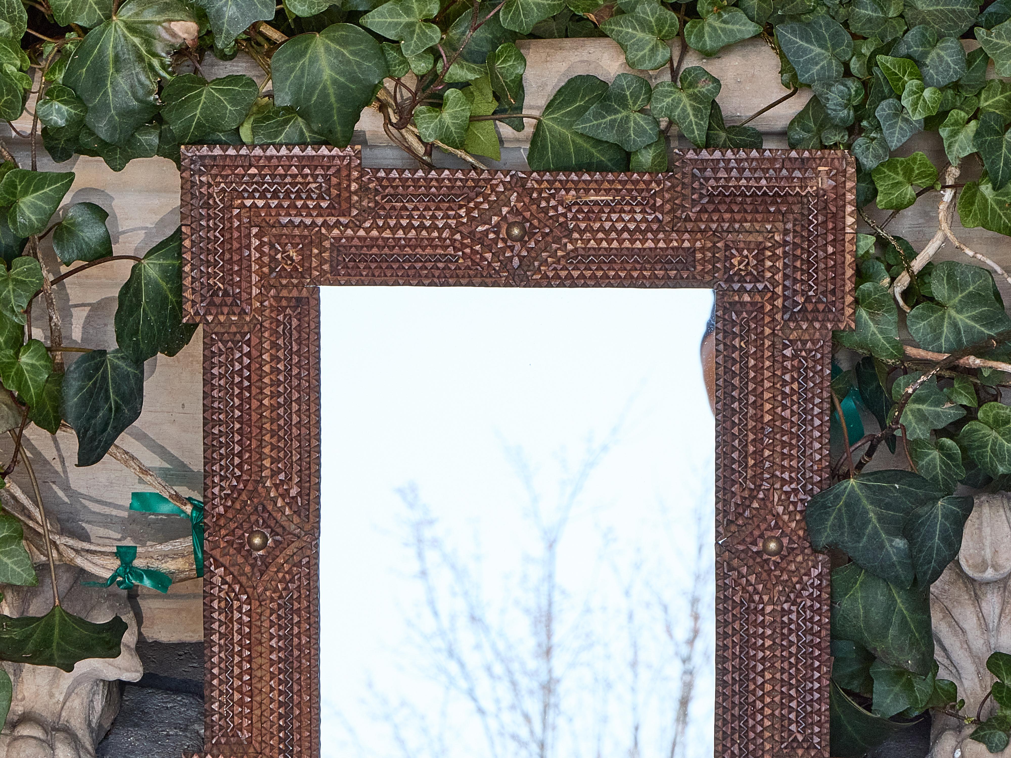 Petite French Tramp Art Mirror with Carved Geometric Frame, circa 1900 In Good Condition For Sale In Atlanta, GA
