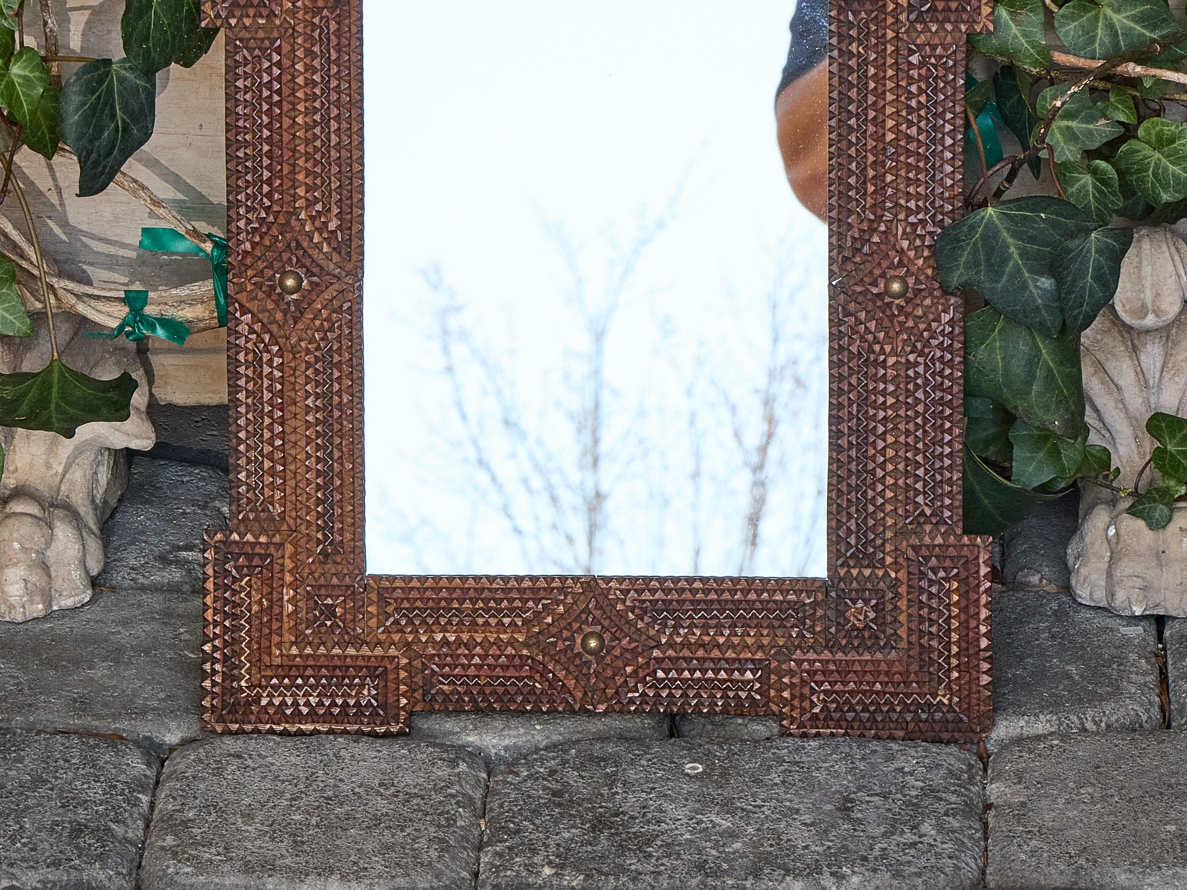 20th Century Petite French Tramp Art Mirror with Carved Geometric Frame, circa 1900 For Sale
