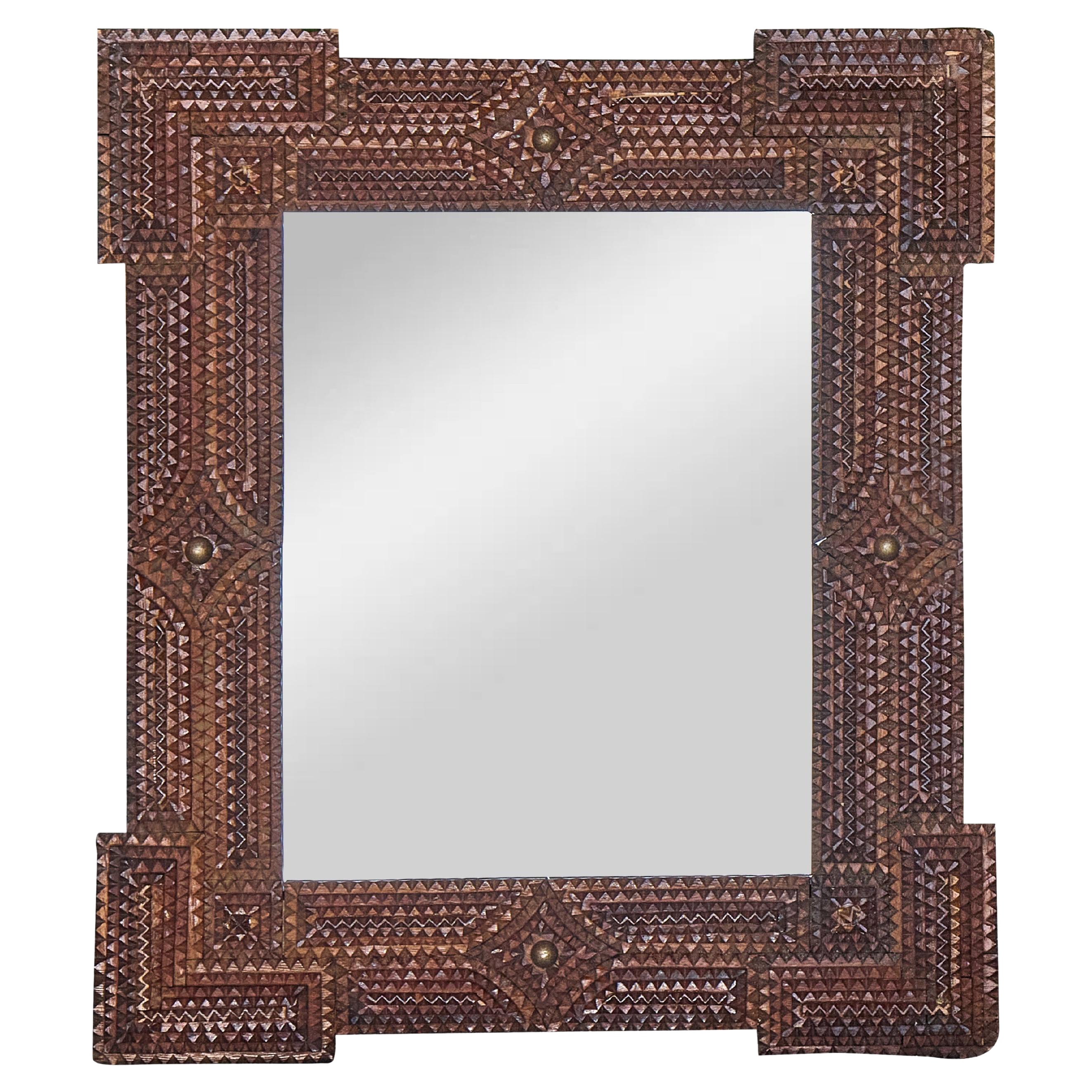 Petite French Tramp Art Mirror with Carved Geometric Frame, circa 1900