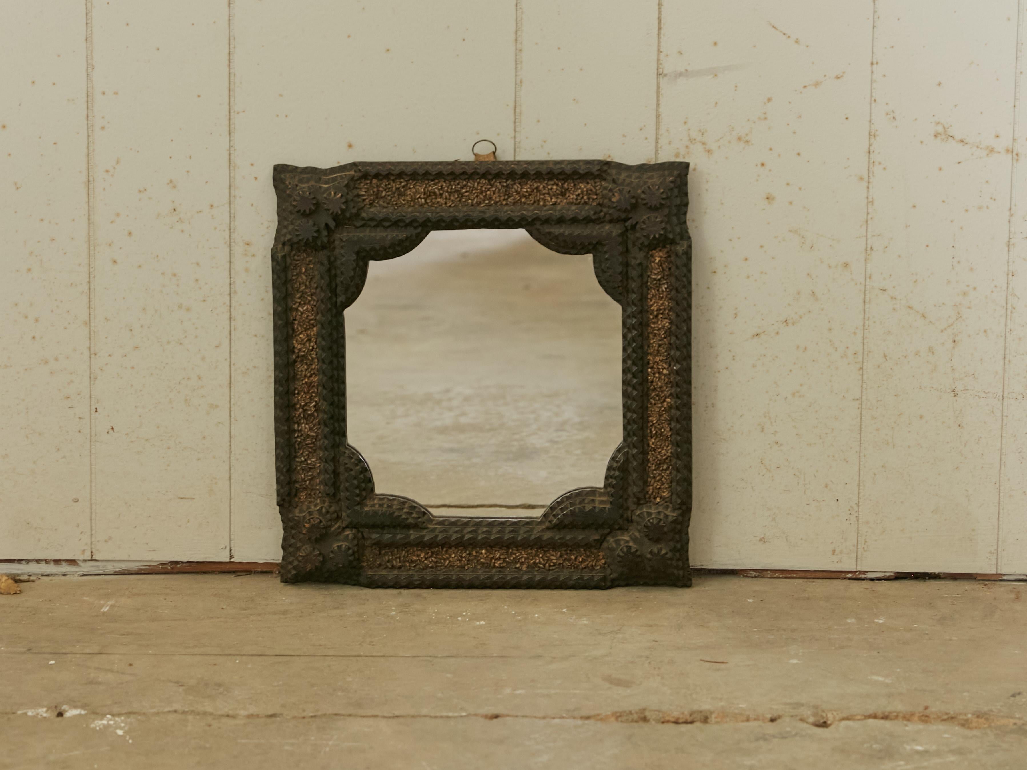 Petite French Turn of the Century Tramp Art Mirror with Brown and Gilt Patina 3
