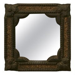 Petite French Turn of the Century Tramp Art Mirror with Brown and Gilt Patina