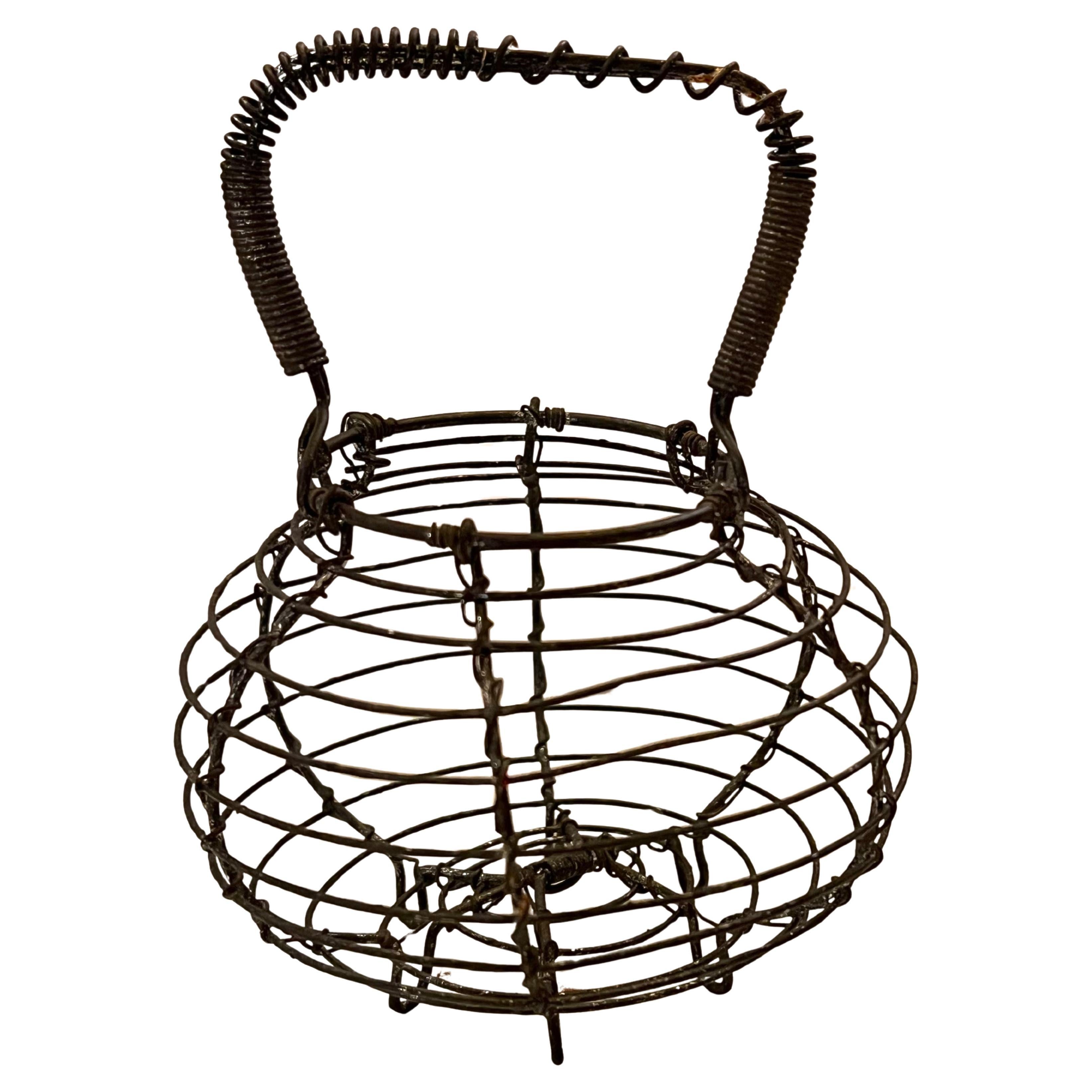 20th Century Petite French Wire Basket Footed Primitive Farmhouse For Sale