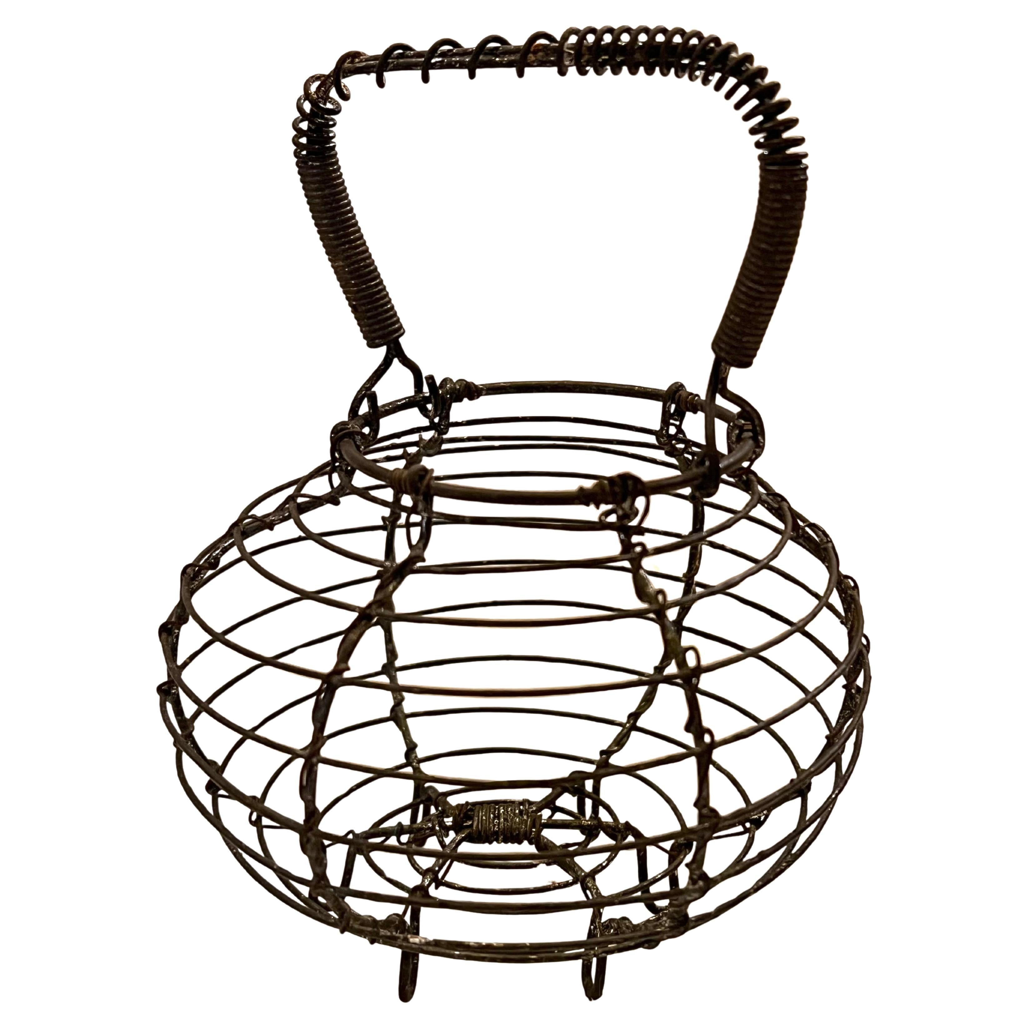 Petite French Wire Basket Footed Primitive Farmhouse For Sale