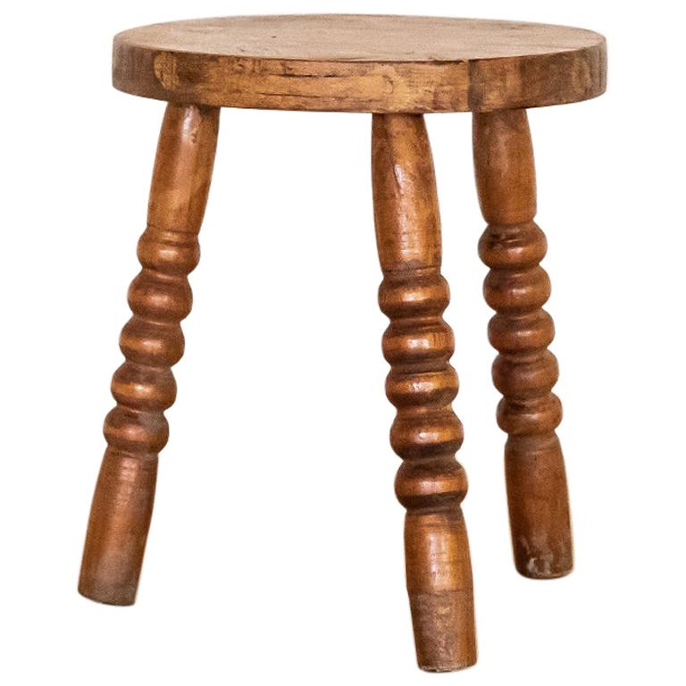 Petite French Wood Stool with Knobby Legs