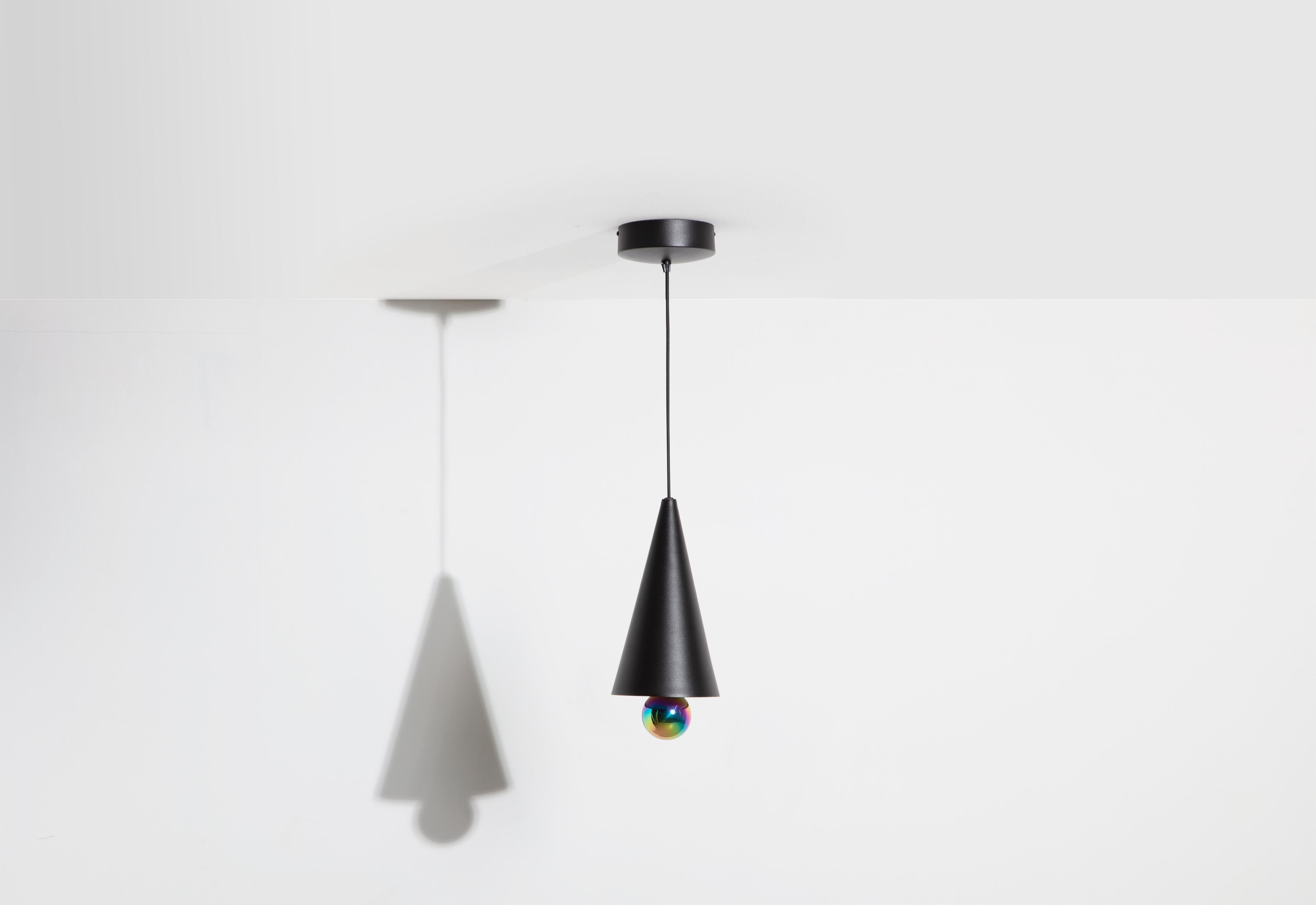 Petite Friture Small Cherry LED Pendant Light in Black & Rainbow Aluminium by Daniel and Emma, 2020

In 2015, the Australian duo designers Daniel and Emma signed Cherry a simple and minimalist pendant lamp design ; an aluminum cone with a bottomed