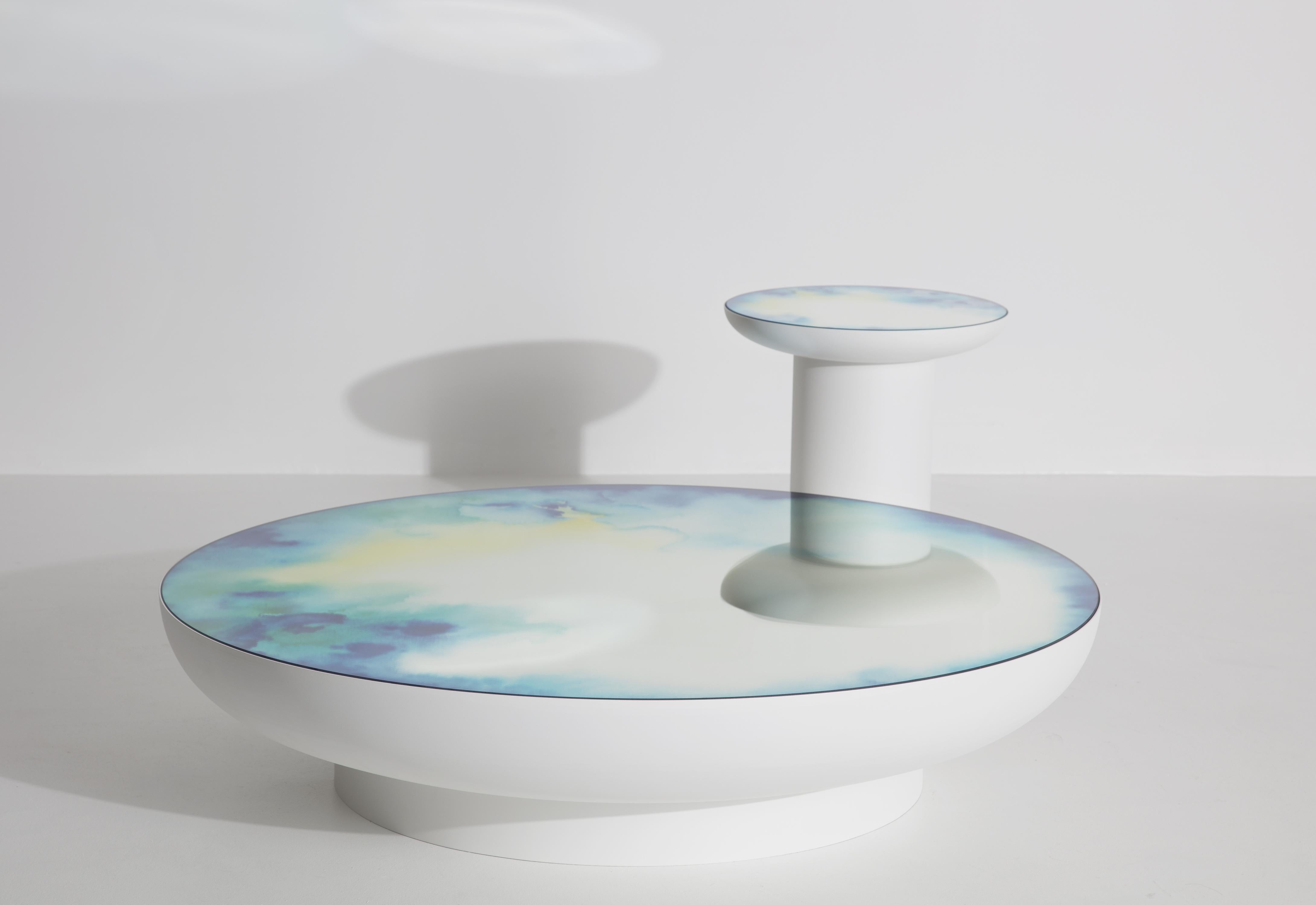 XXIe siècle et contemporain Petite table basse Francis en aquarelle blanche et verte avec miroir Friture en vente
