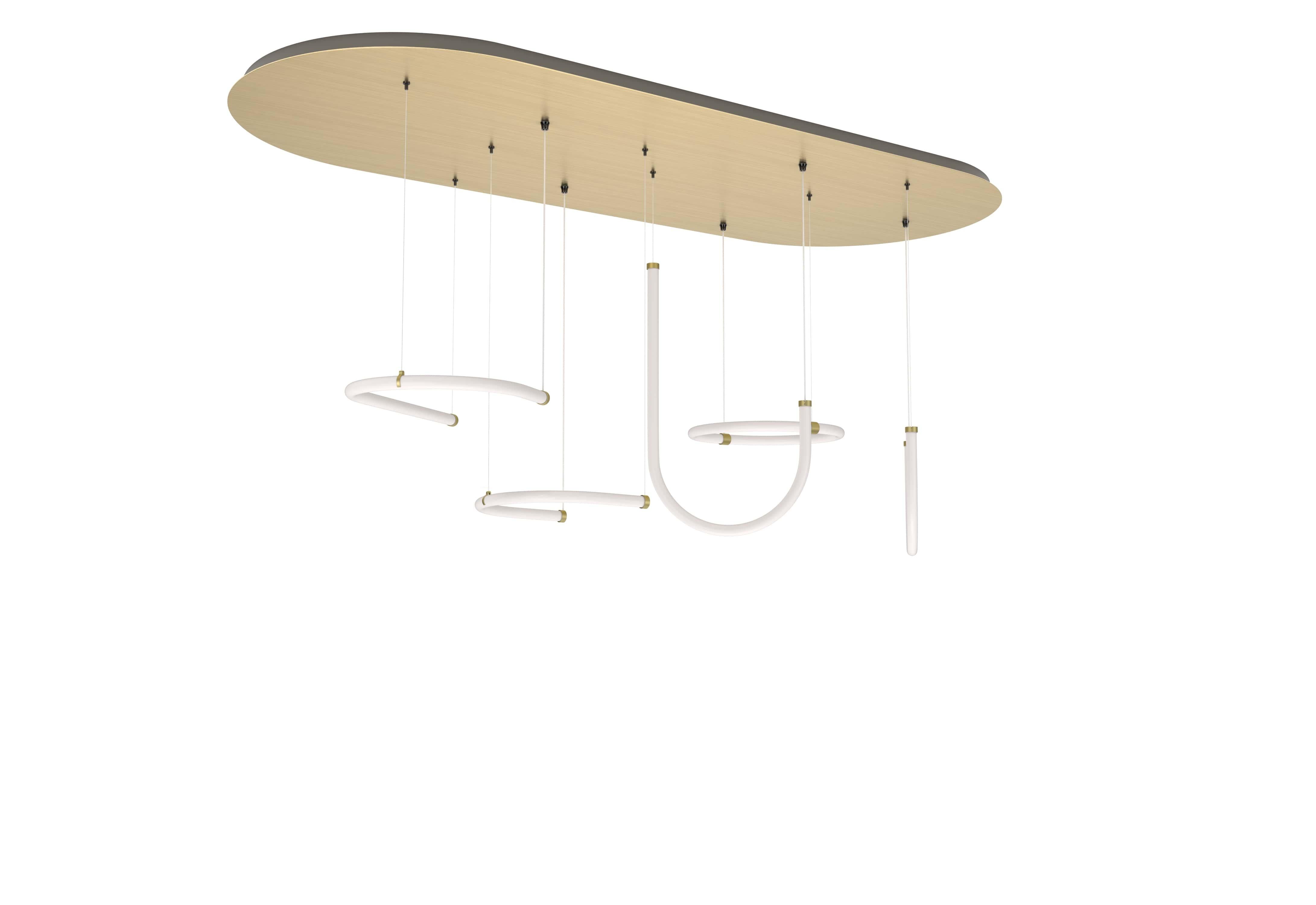 Petite Friture Unseen Quintuple Pendant Light System in Brass Transluscent with Curved LED-lights by Studio Pepe, 2020

Unseen is a set of modular curved LED-light tubes that seemingly float in space. The collection is a sleek lighting ensemble,