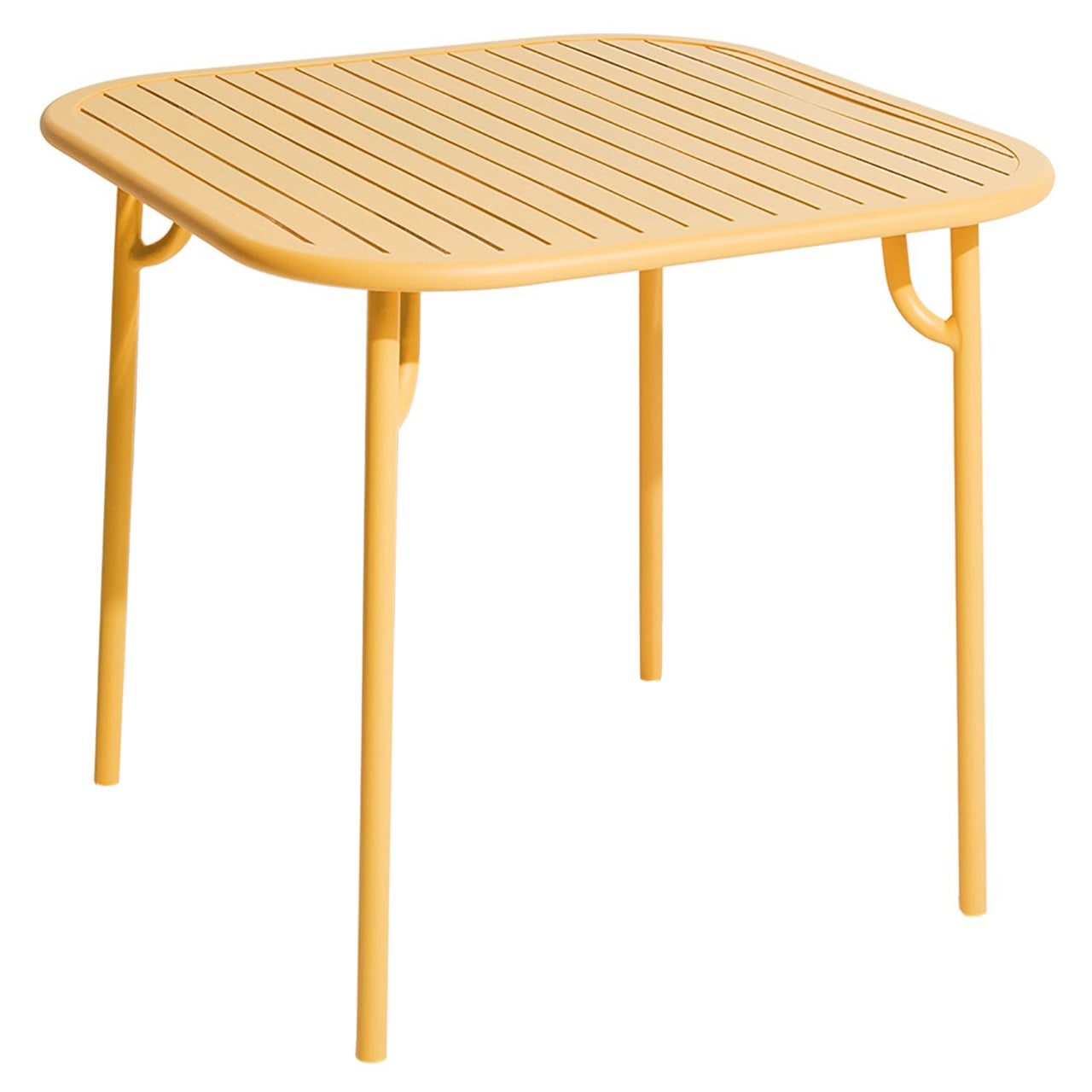 Kleiner quadratischer Friture Week-End-Esstisch aus safranfarbenem Aluminium mit Schienen