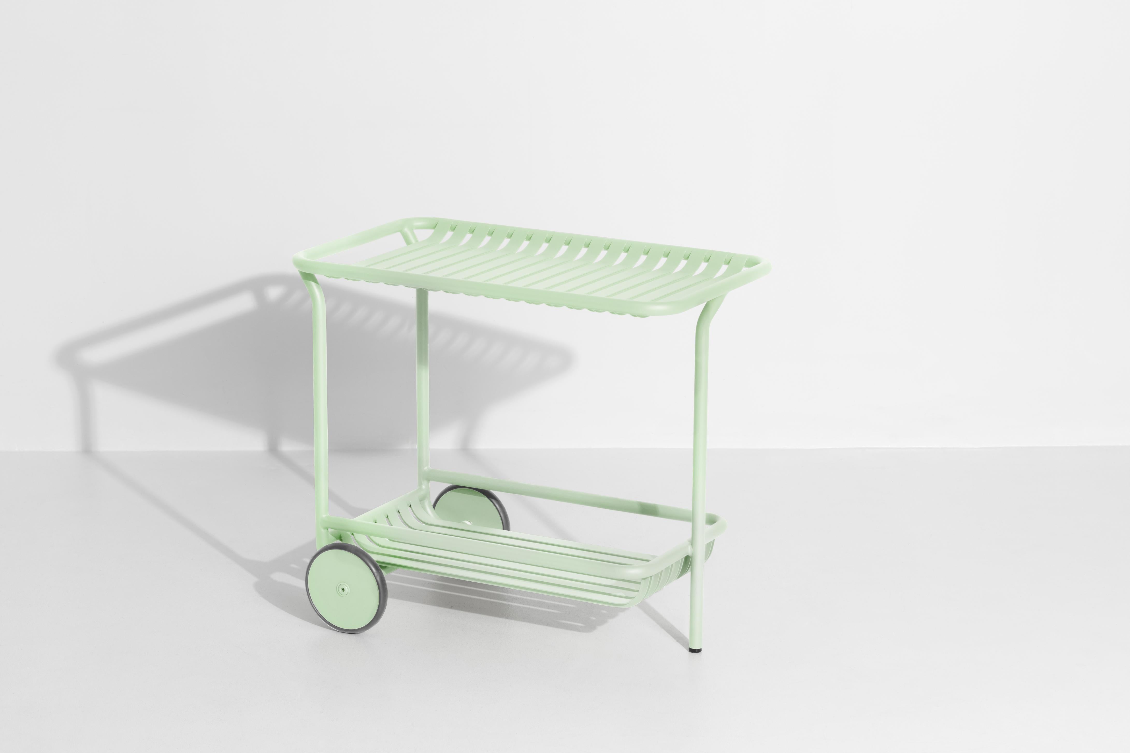 Petite Friture Week-End Trolley in Pastel Green Aluminium by Studio BrichetZiegler, 2017

The week-end collection is a full range of outdoor furniture, in aluminium grained epoxy paint, matt finish, that includes 18 functions and 8 colours for the