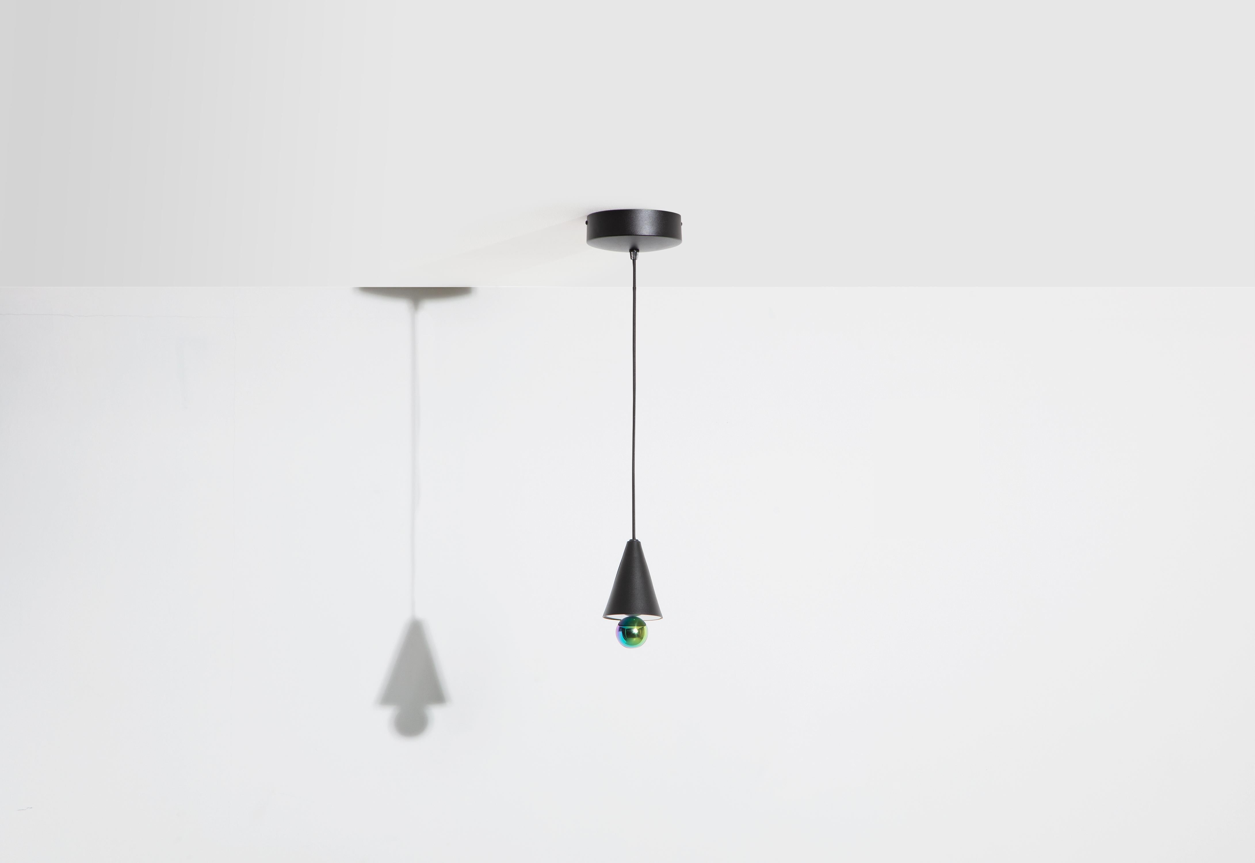 Petite Friture XS Cherry LED Pendant Light in Black & Rainbow Aluminium by Daniel and Emma, 2020

In 2015, the Australian duo designers Daniel and Emma signed Cherry a simple and minimalist pendant lamp design ; an aluminum cone with a bottomed