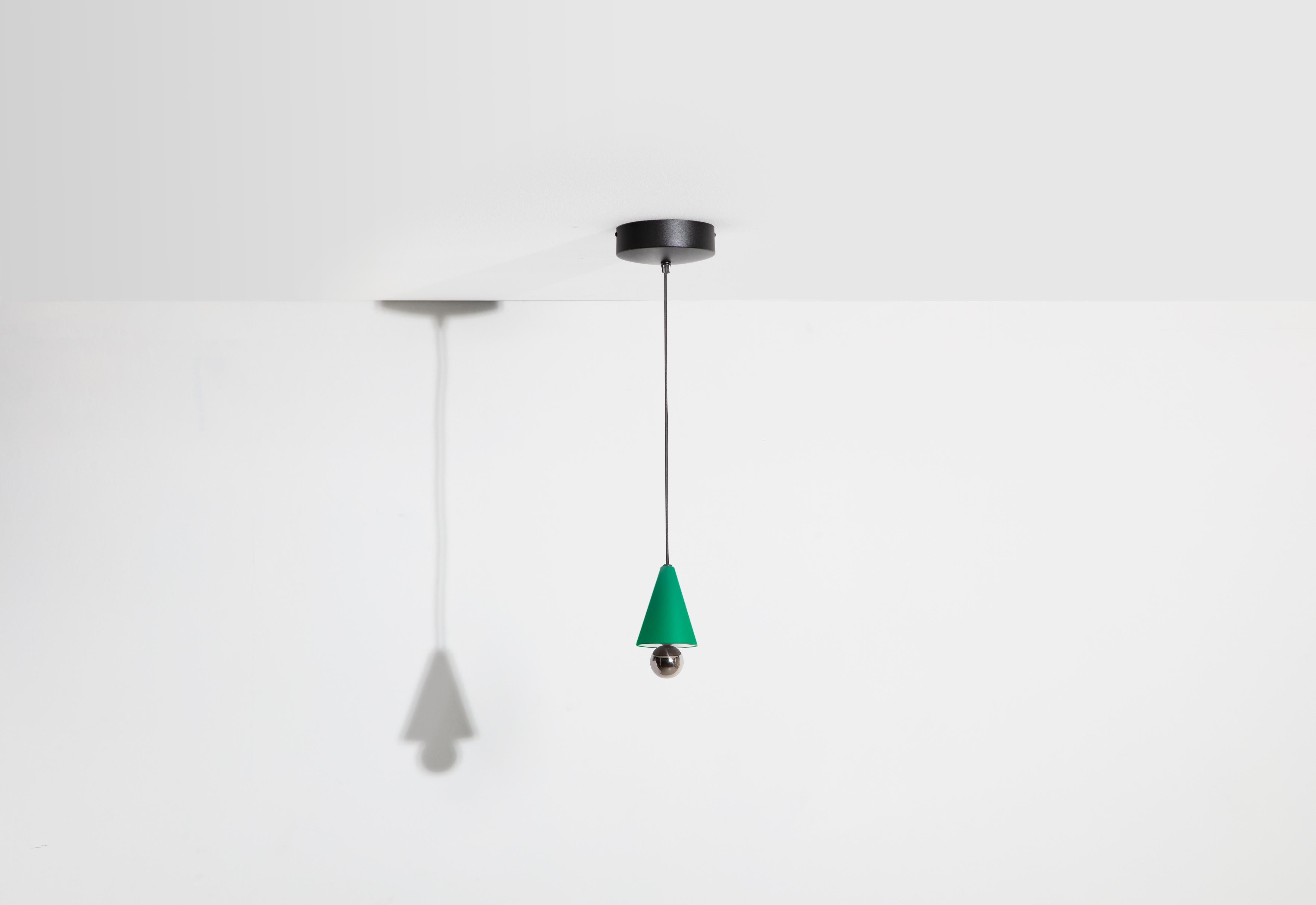 Petite Friture XS Cherry LED Pendant Light in Mint-green & Titanium Aluminium by Daniel and Emma, 2020

In 2015, the Australian duo designers Daniel and Emma signed Cherry a simple and minimalist pendant lamp design ; an aluminum cone with a