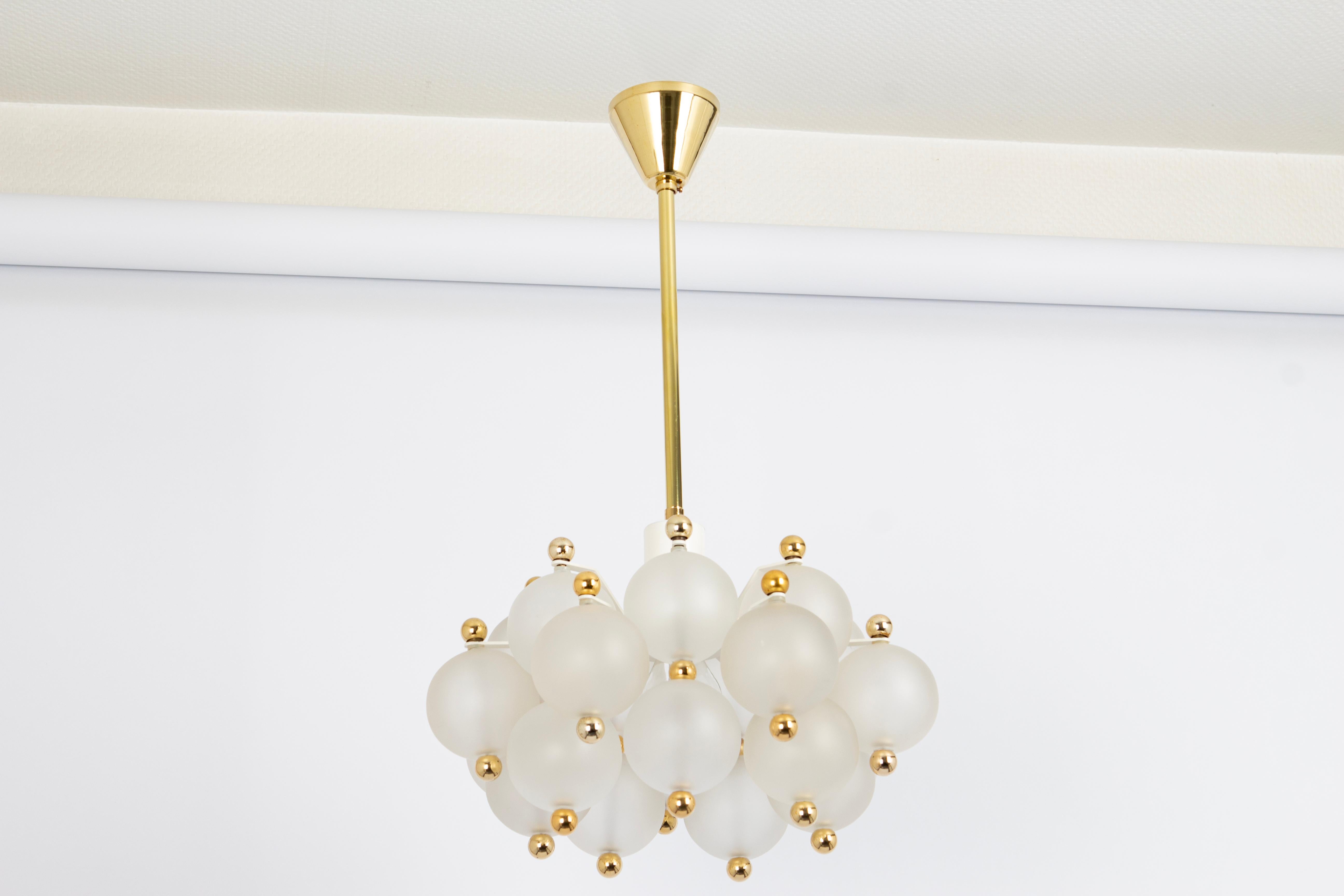 Petite Frosted Glass and Brass Chandelier by Kinkeldey, Germany, 1970s For Sale 6