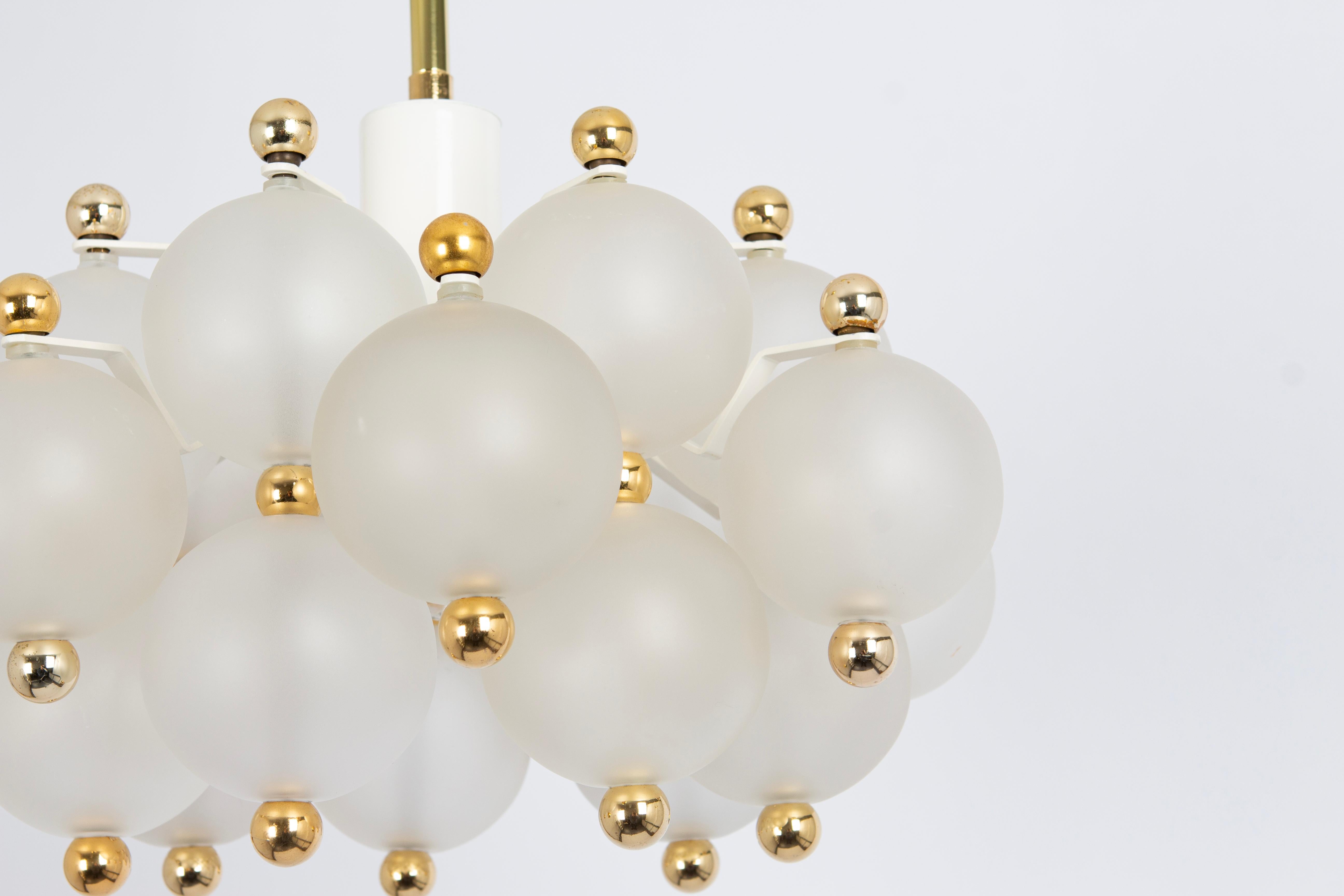 Petite Frosted Glass and Brass Chandelier by Kinkeldey, Germany, 1970s For Sale 7