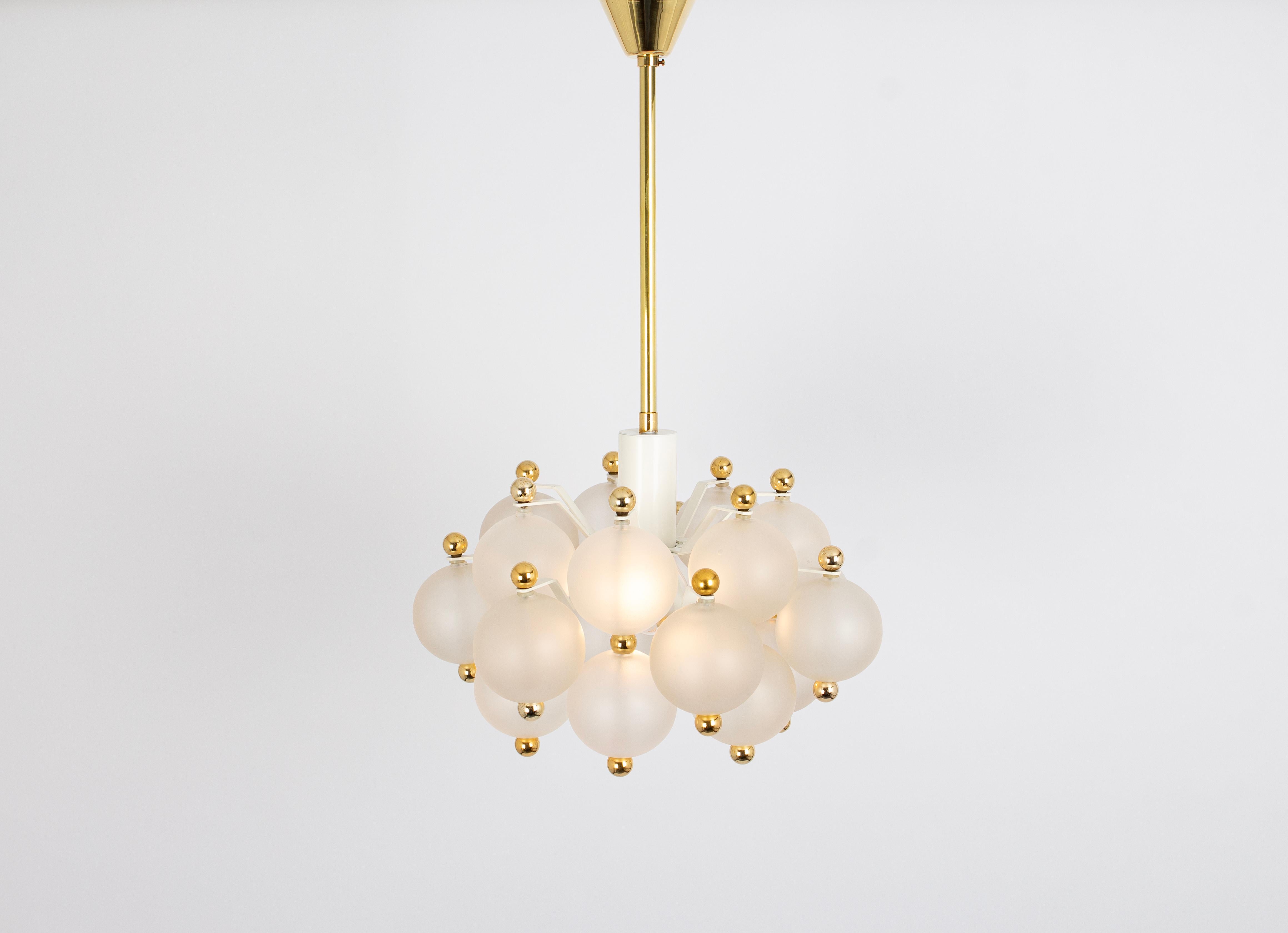 Mid-Century Modern Petite Frosted Glass and Brass Chandelier by Kinkeldey, Germany, 1970s For Sale