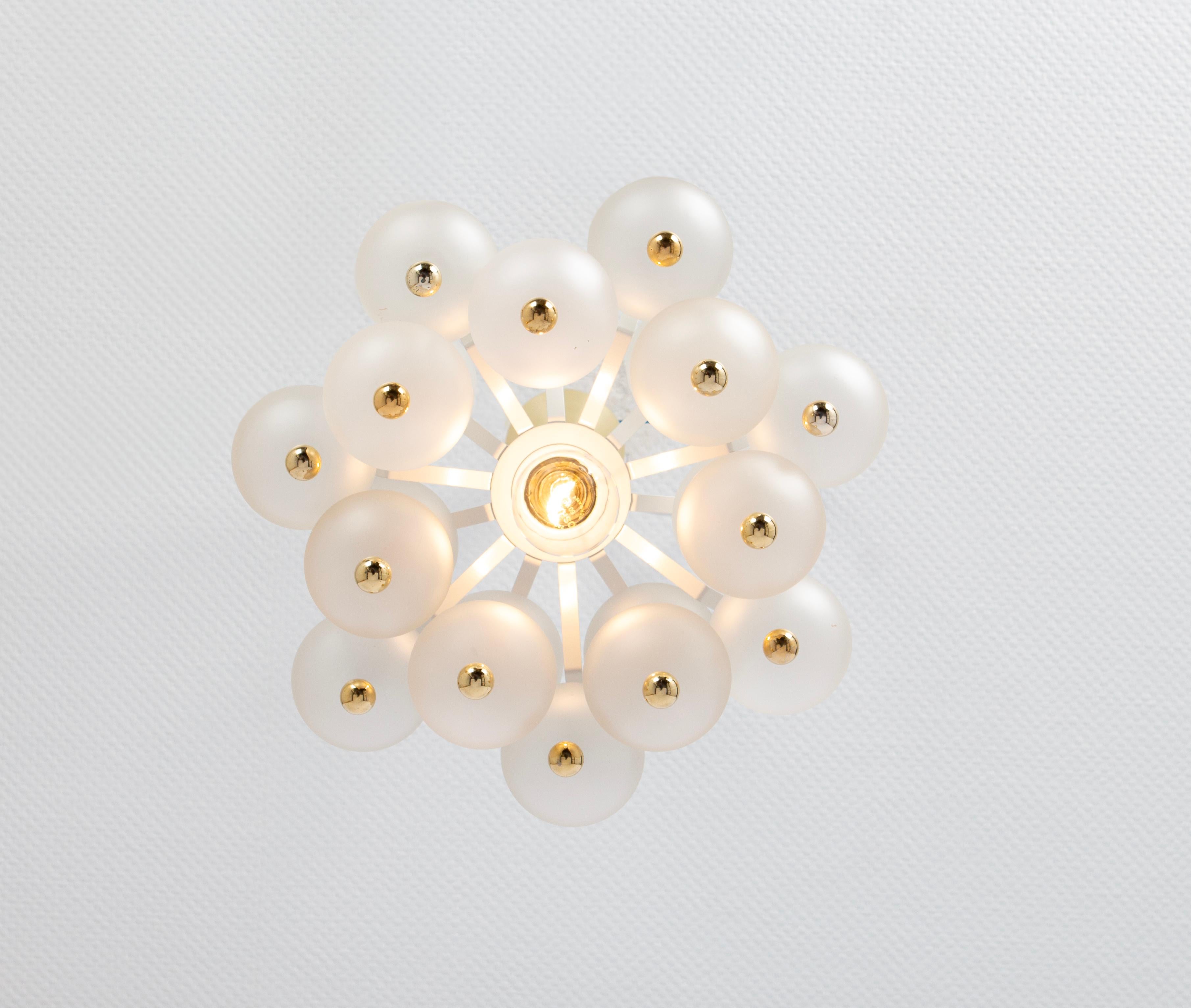Petite Frosted Glass and Brass Chandelier by Kinkeldey, Germany, 1970s In Good Condition For Sale In Aachen, NRW