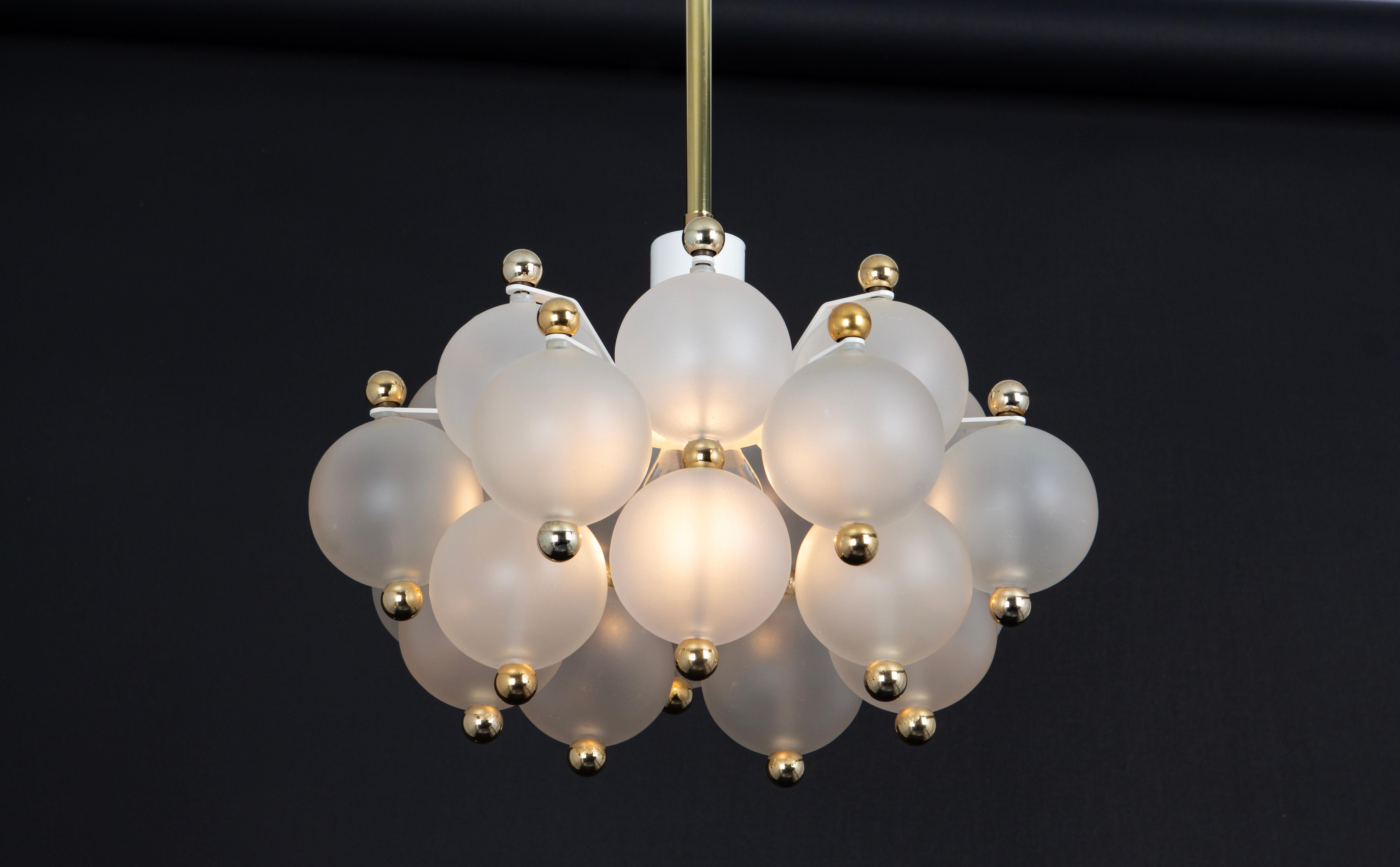 Late 20th Century Petite Frosted Glass and Brass Chandelier by Kinkeldey, Germany, 1970s For Sale