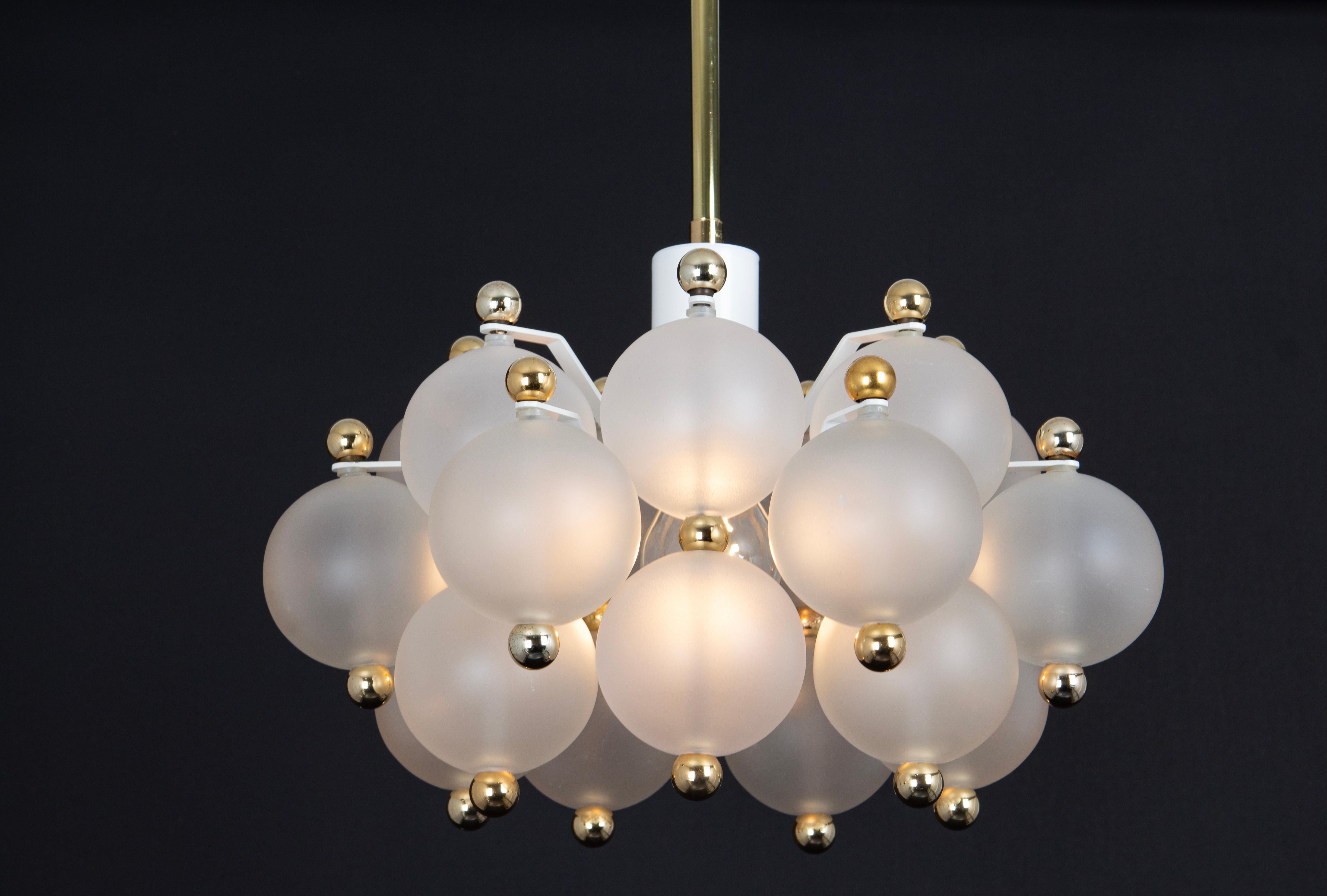 Petite Frosted Glass and Brass Chandelier by Kinkeldey, Germany, 1970s For Sale 1