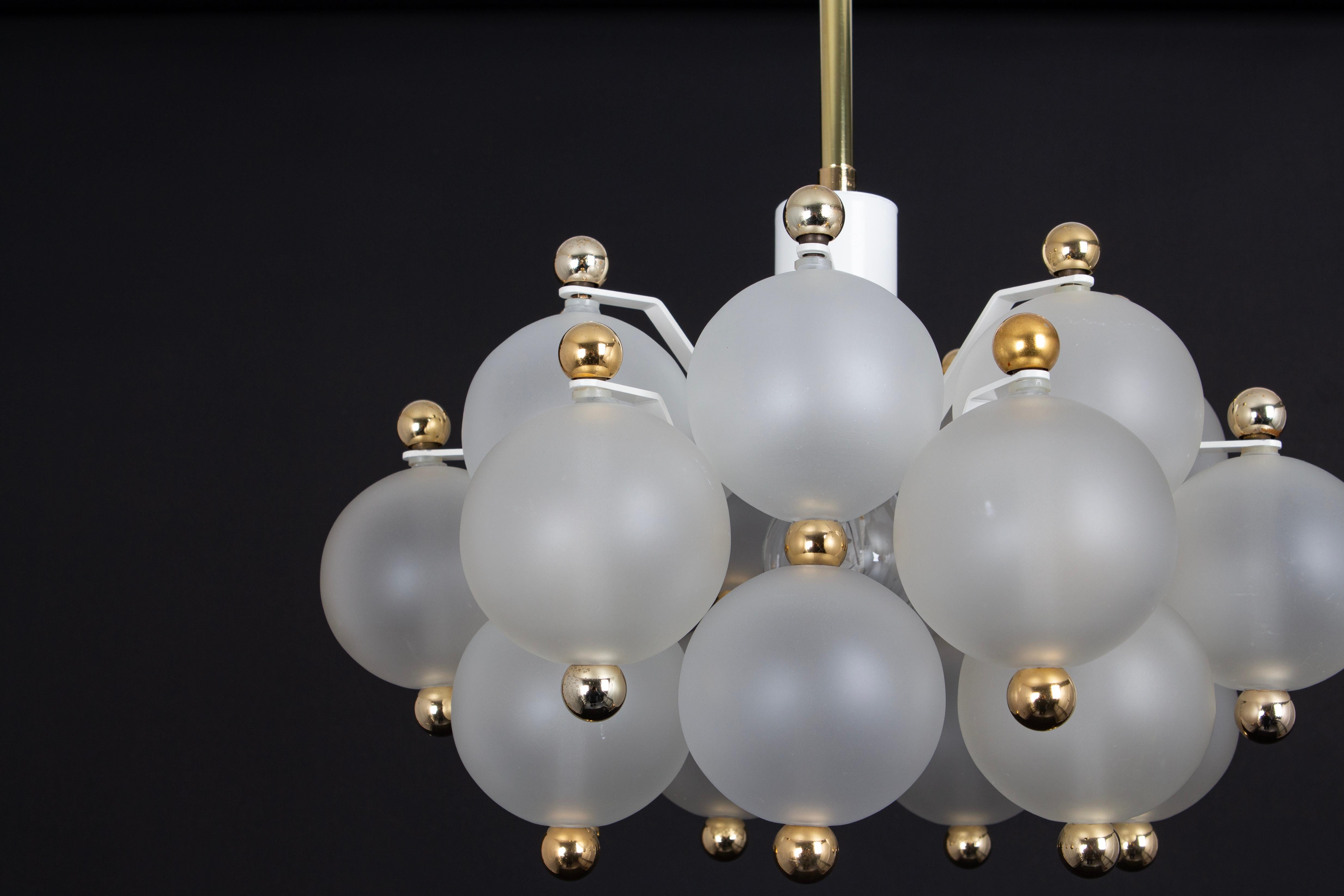 Petite Frosted Glass and Brass Chandelier by Kinkeldey, Germany, 1970s For Sale 2