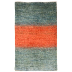 Petite Red and Gray Blue Striped Contemporary Gabbeh Persian Wool Rug 