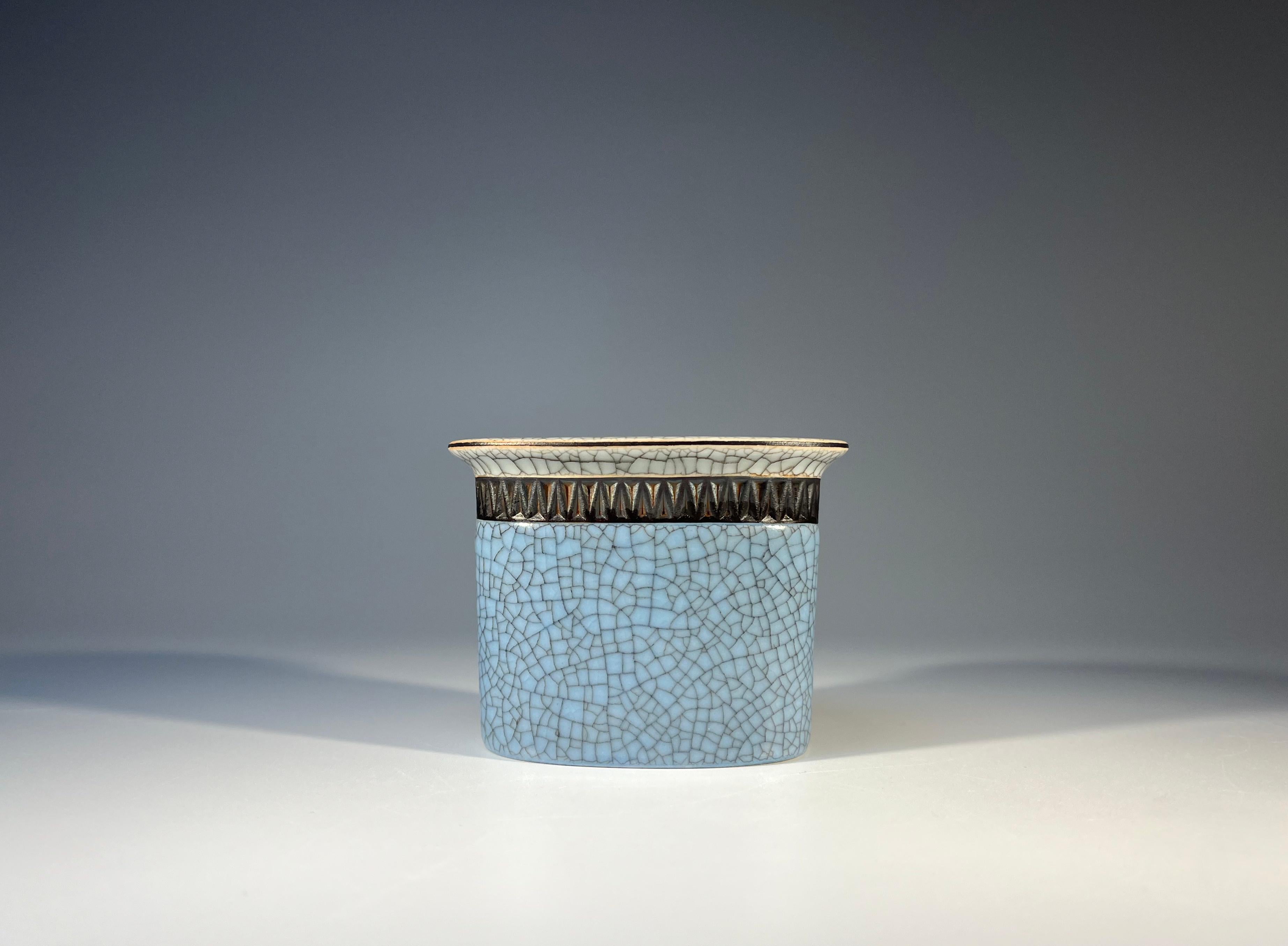 Danish Petite Gilded Powd Blue Crackle Glaze Pot, Thorkild Olsen Royal Copenhagen #2949