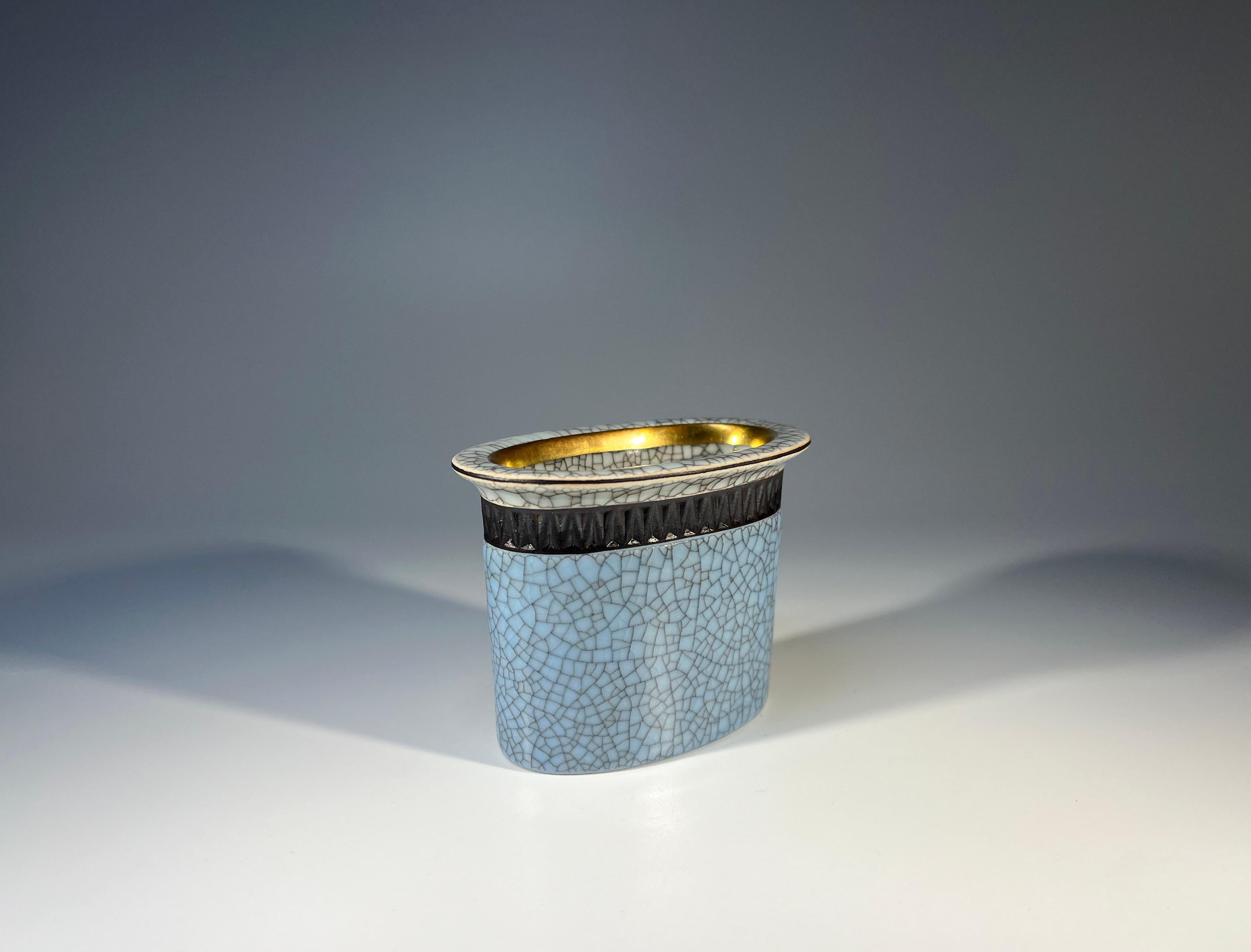 Petite Gilded Powd Blue Crackle Glaze Pot, Thorkild Olsen Royal Copenhagen #2949 In Excellent Condition In Rothley, Leicestershire