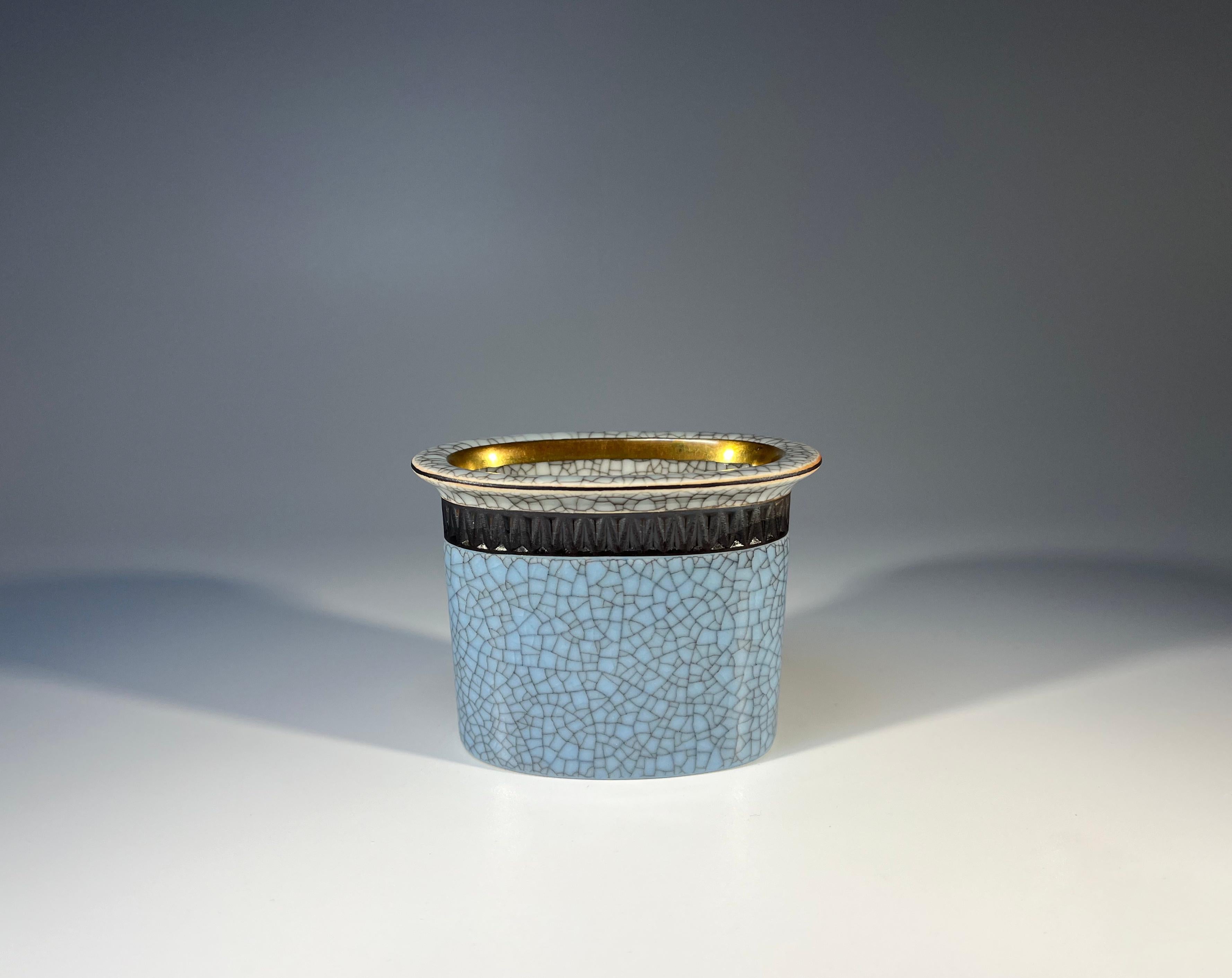 20th Century Petite Gilded Powd Blue Crackle Glaze Pot, Thorkild Olsen Royal Copenhagen #2949