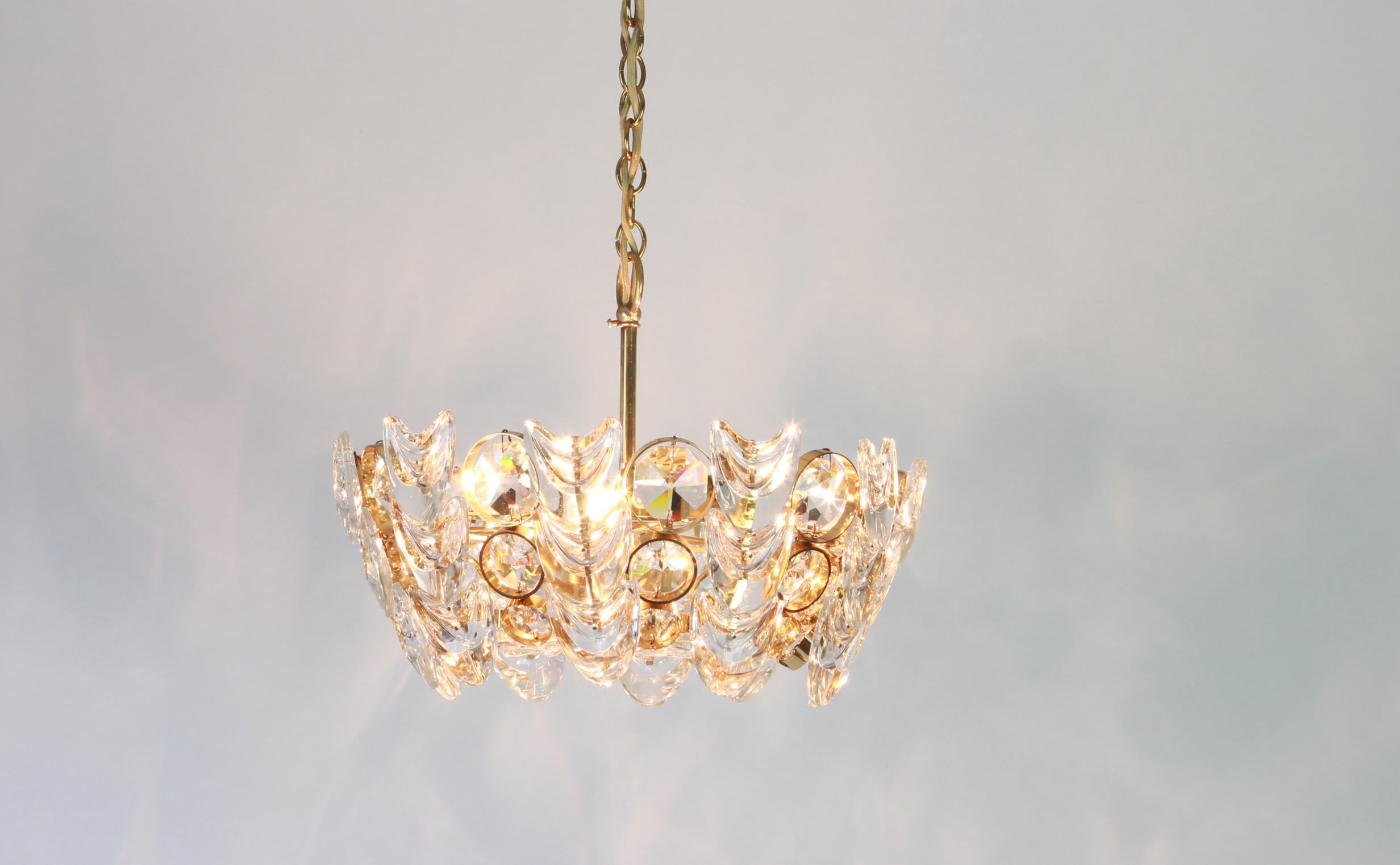 Mid-Century Modern Petite Gilt Brass and Crystal Glass Encrusted Chandelier by Palwa, Germany 1970s For Sale