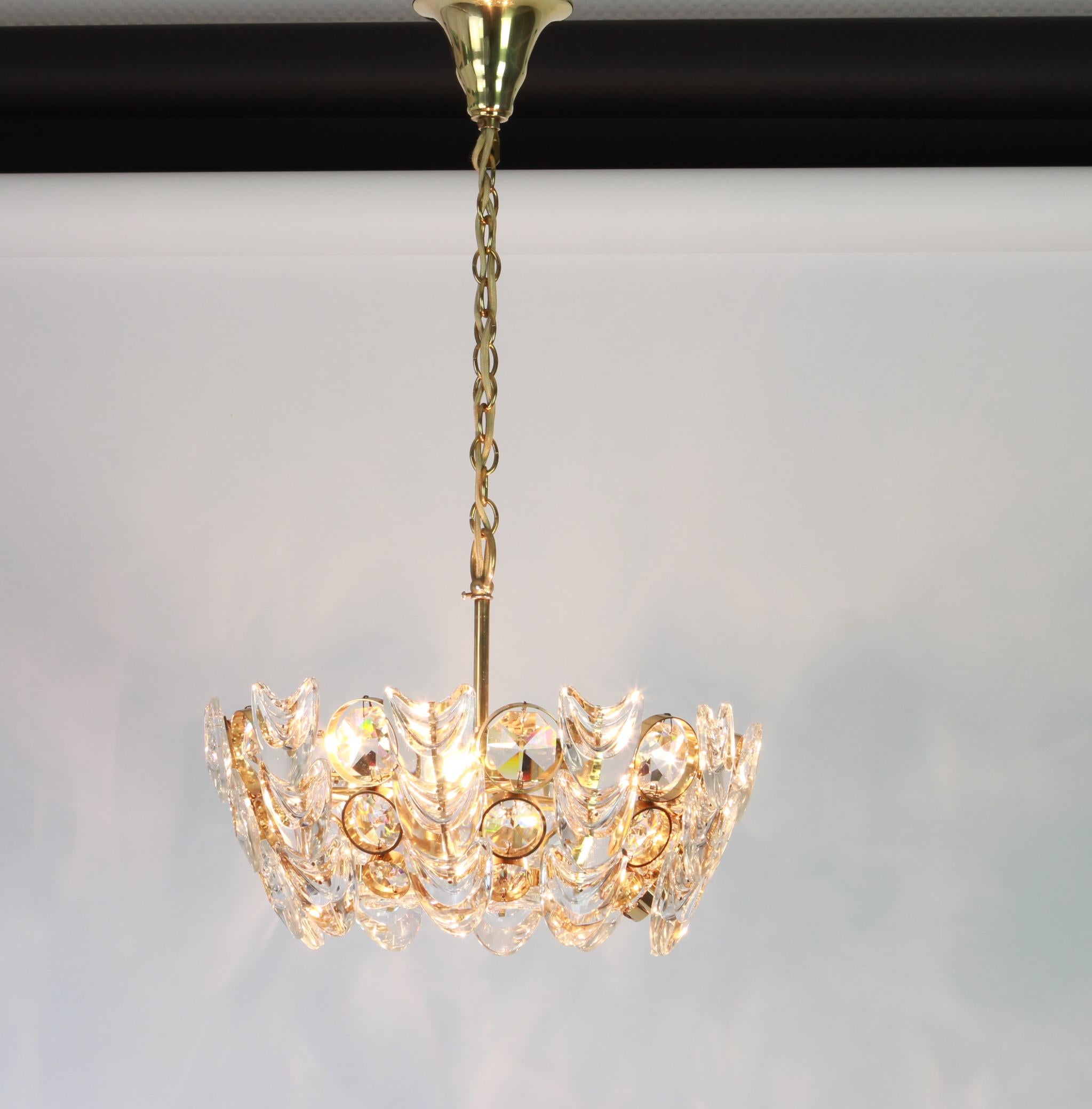 Late 20th Century Petite Gilt Brass and Crystal Glass Encrusted Chandelier by Palwa, Germany 1970s For Sale