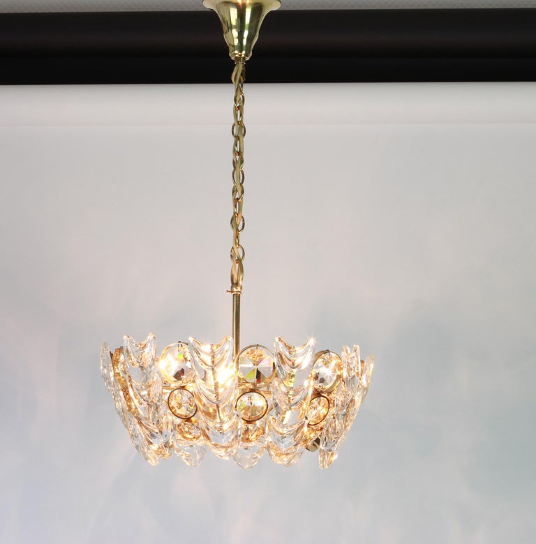 Petite Gilt Brass and Crystal Glass Encrusted Chandelier by Palwa, Germany 1970s In Good Condition For Sale In Aachen, NRW