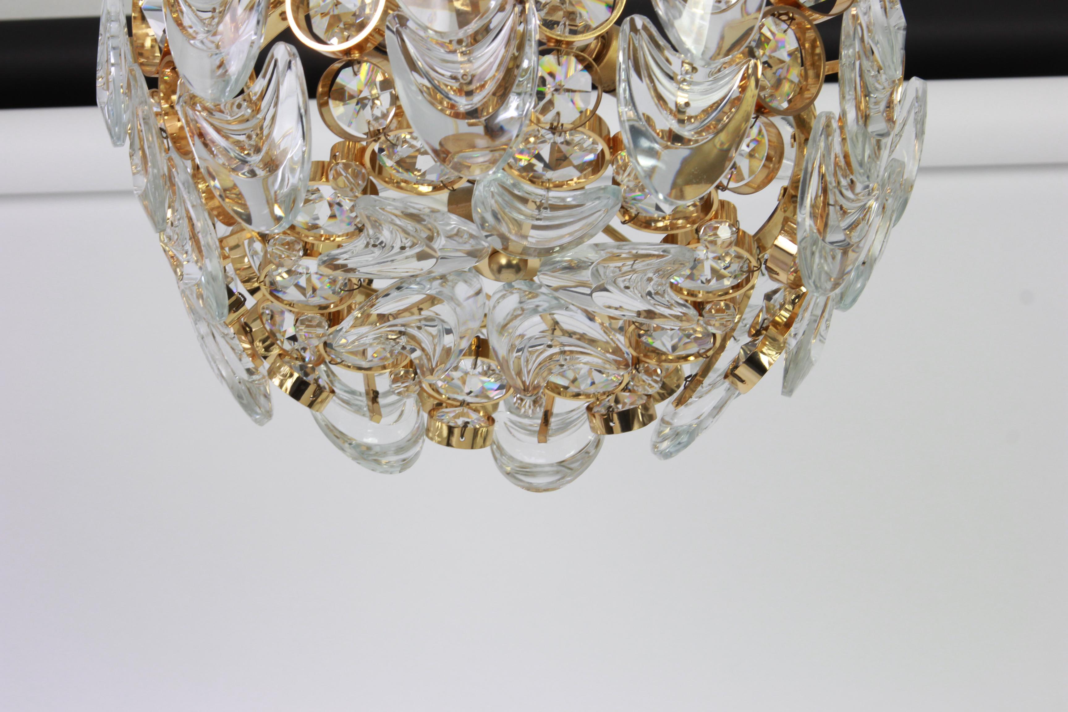 Gold Plate Petite Gilt Brass and Crystal Glass Encrusted Chandelier by Palwa, Germany 1970s For Sale