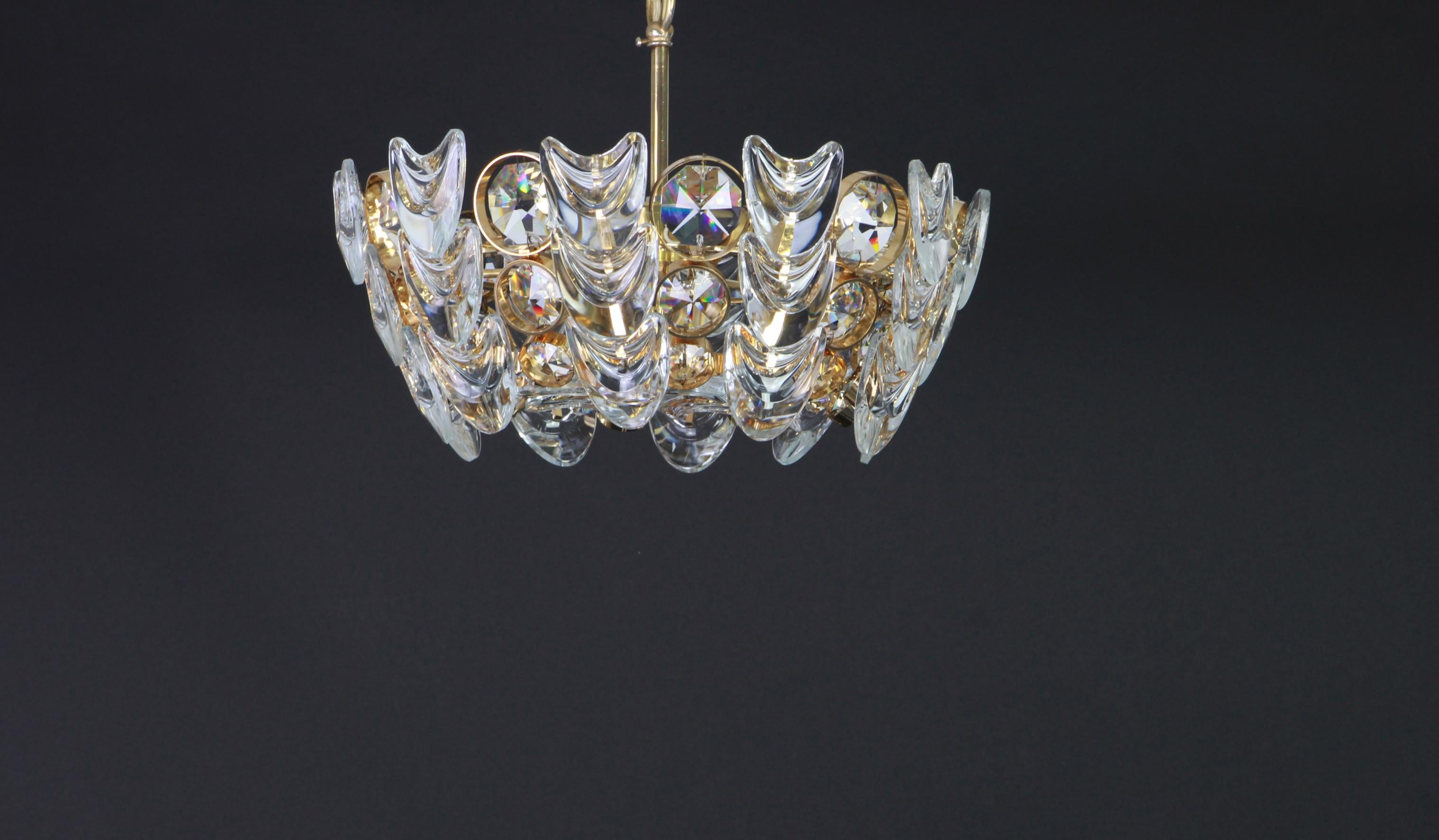 Petite Gilt Brass and Crystal Glass Encrusted Chandelier by Palwa, Germany 1970s For Sale 1