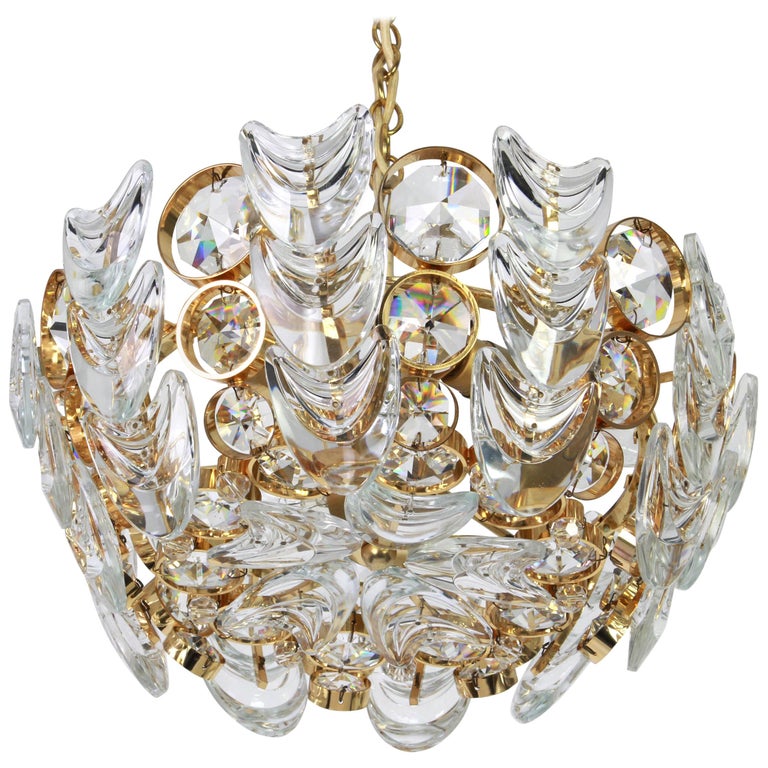 Petite Gilt Brass and Crystal Glass Encrusted Chandelier by Palwa, Germany 1970s For Sale