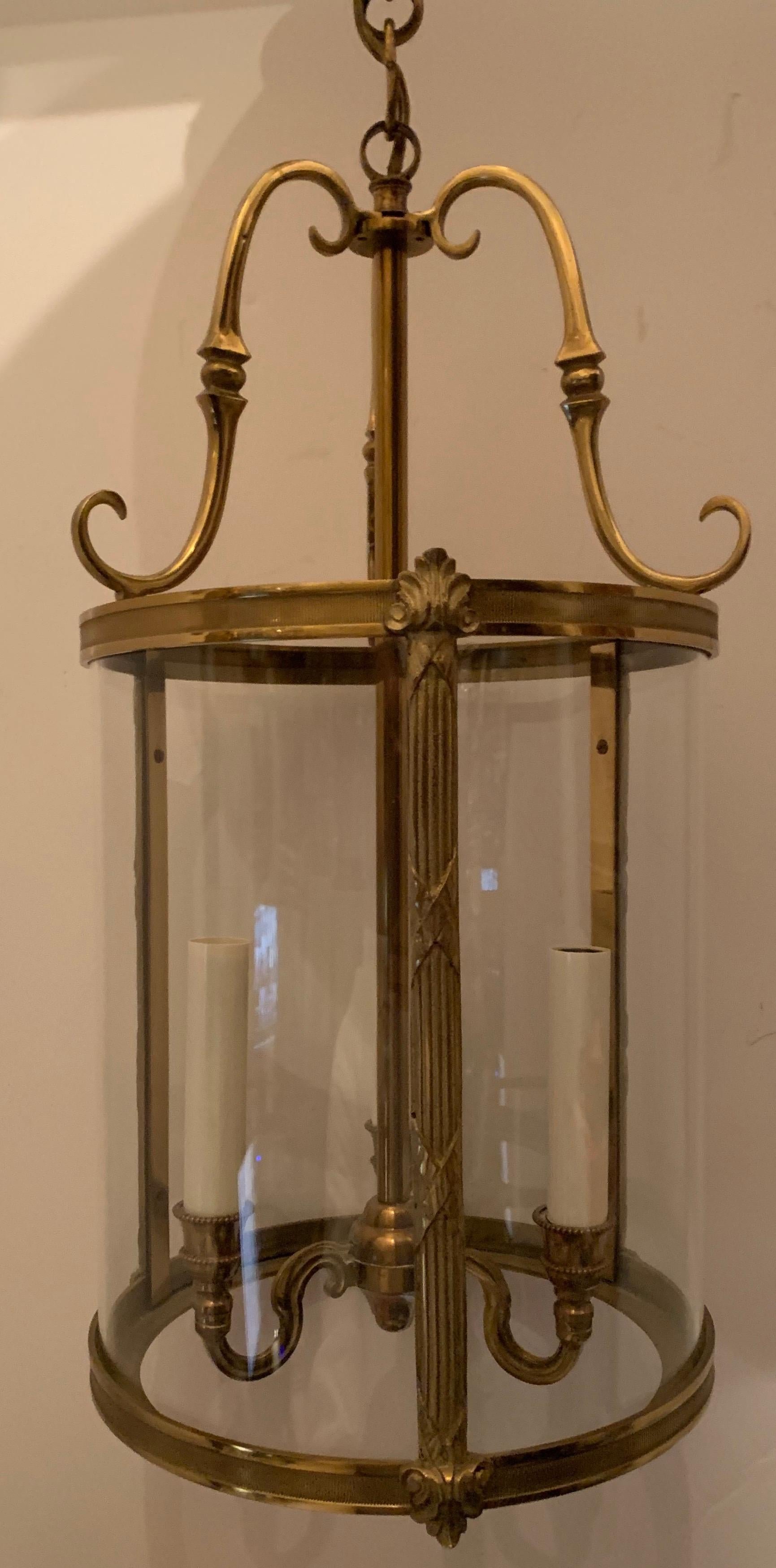 Petite Gilt Bronze Readed X-Pattern Curved Glass Lanterns Fixtures Set 4 Four 1