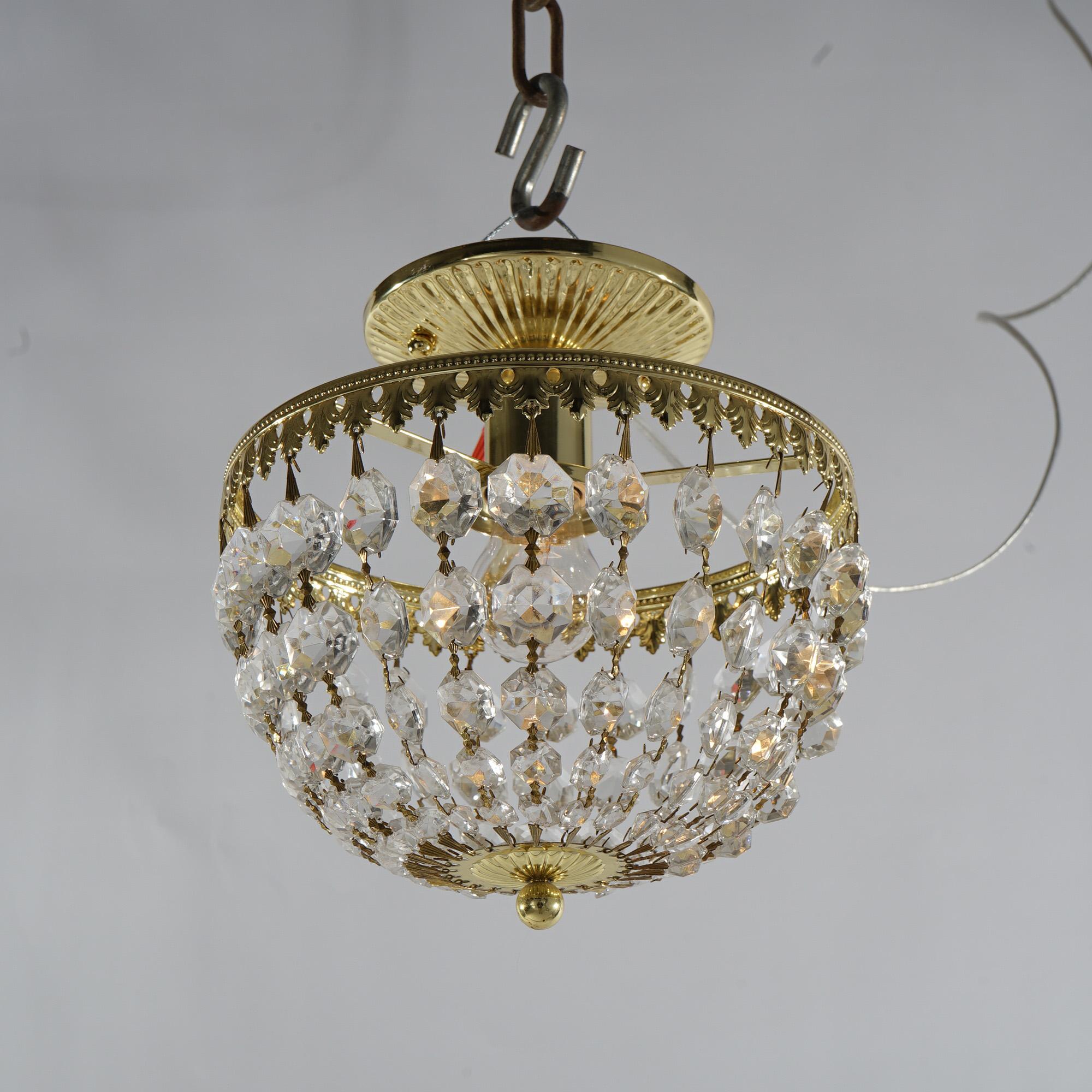 American Petite Gilt Metal & Crystal Ceiling Light Fixture 20th C For Sale