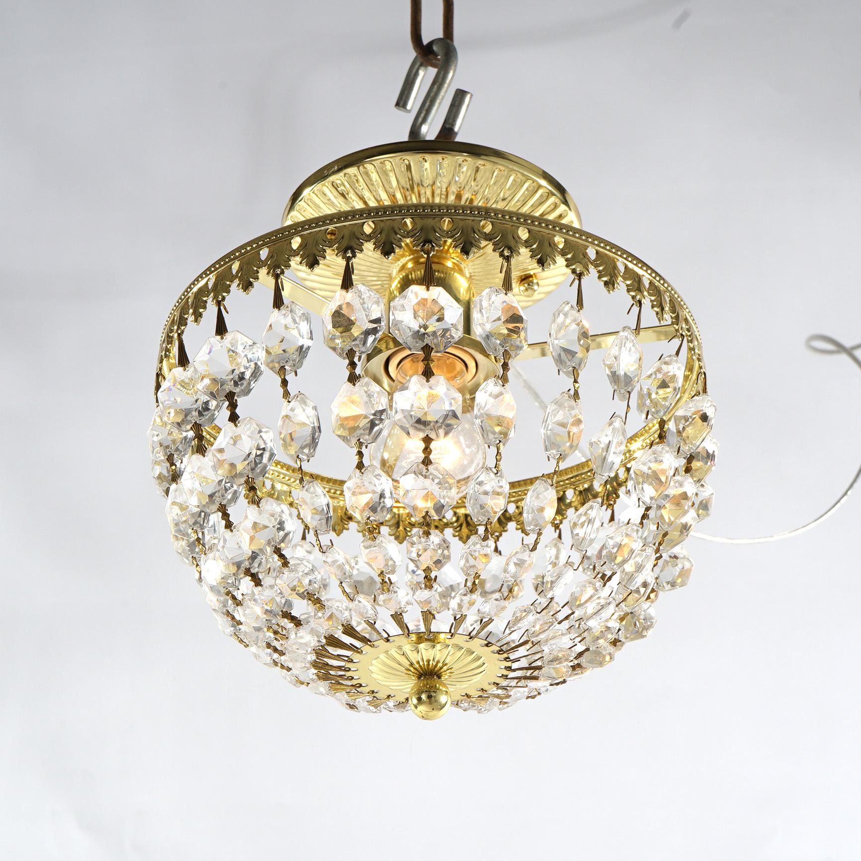 Petite Gilt Metal & Crystal Ceiling Light Fixture 20th C In Good Condition For Sale In Big Flats, NY