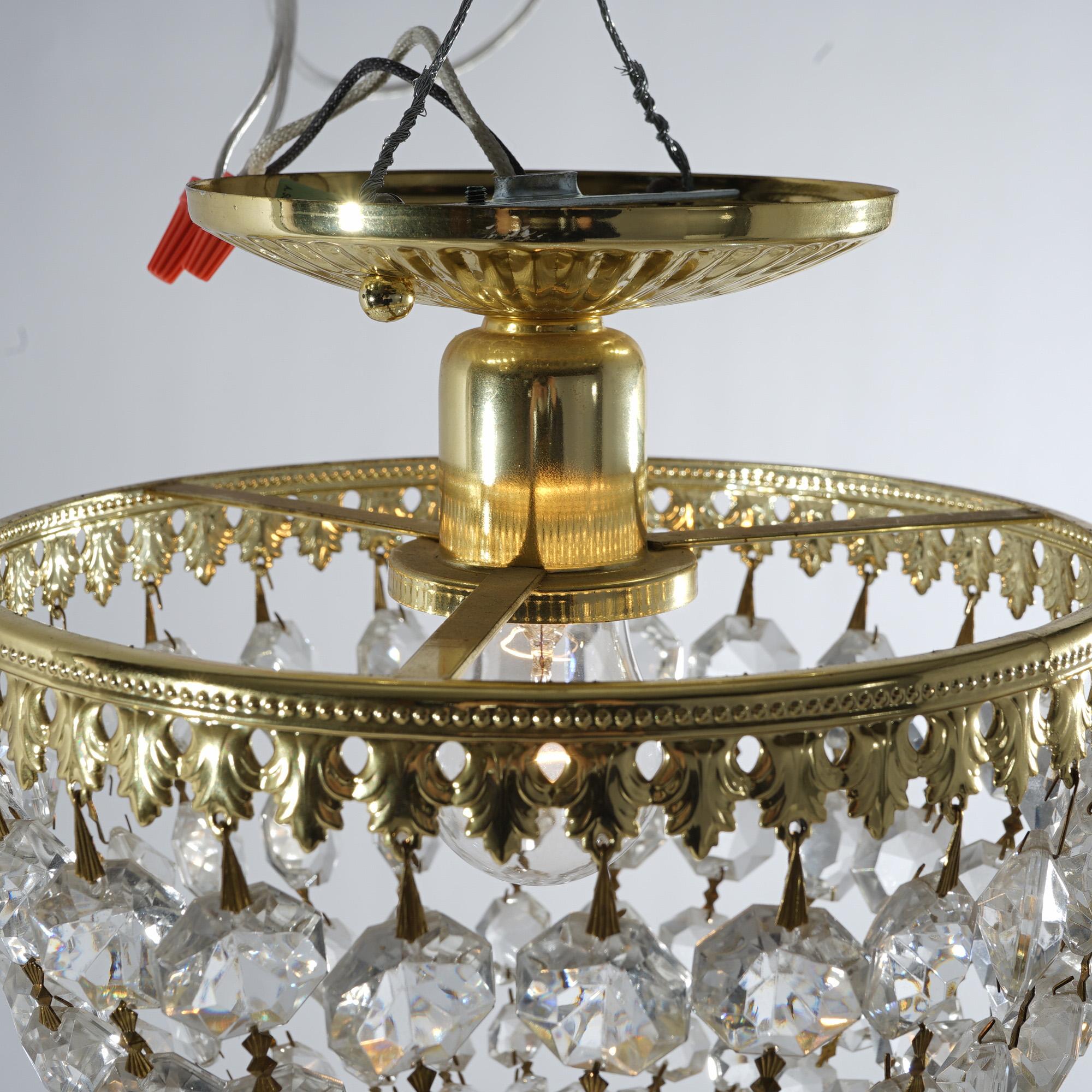 20th Century Petite Gilt Metal & Crystal Ceiling Light Fixture 20th C For Sale