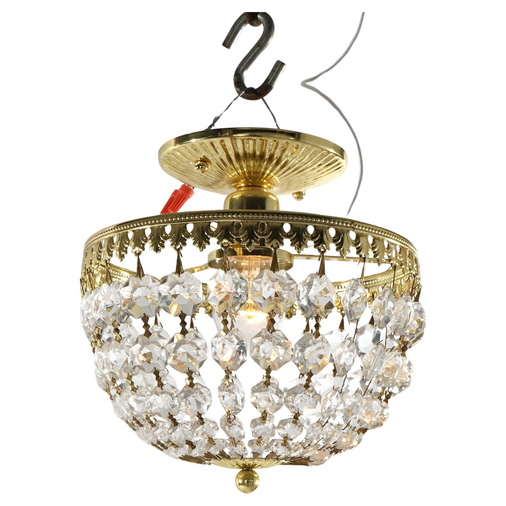 Petite Gilt Metal & Crystal Ceiling Light Fixture 20th C For Sale