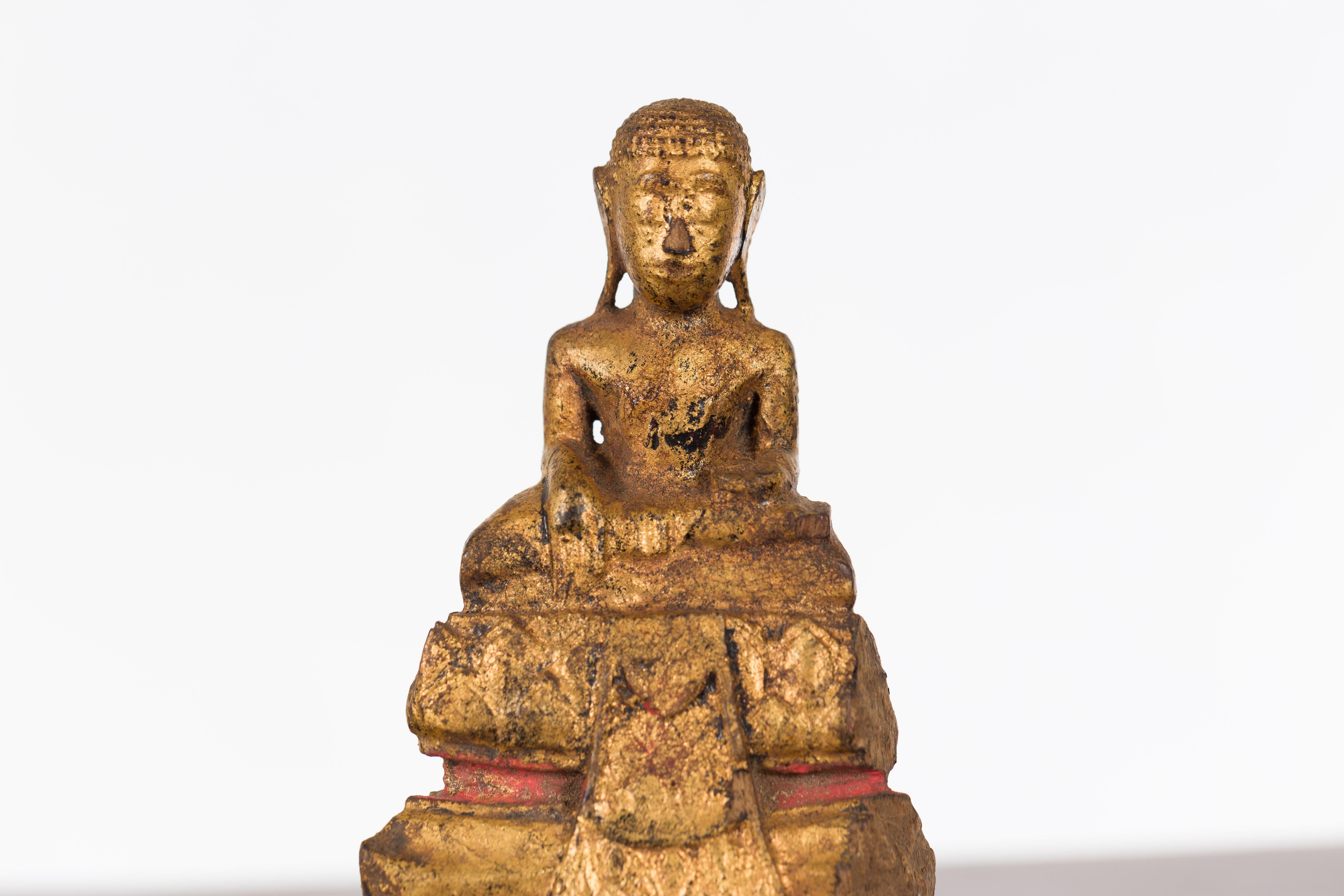 Carved Petite Giltwood Thai Ayutthaya Period Buddha Sculpture with Bhumisparsha Mudra