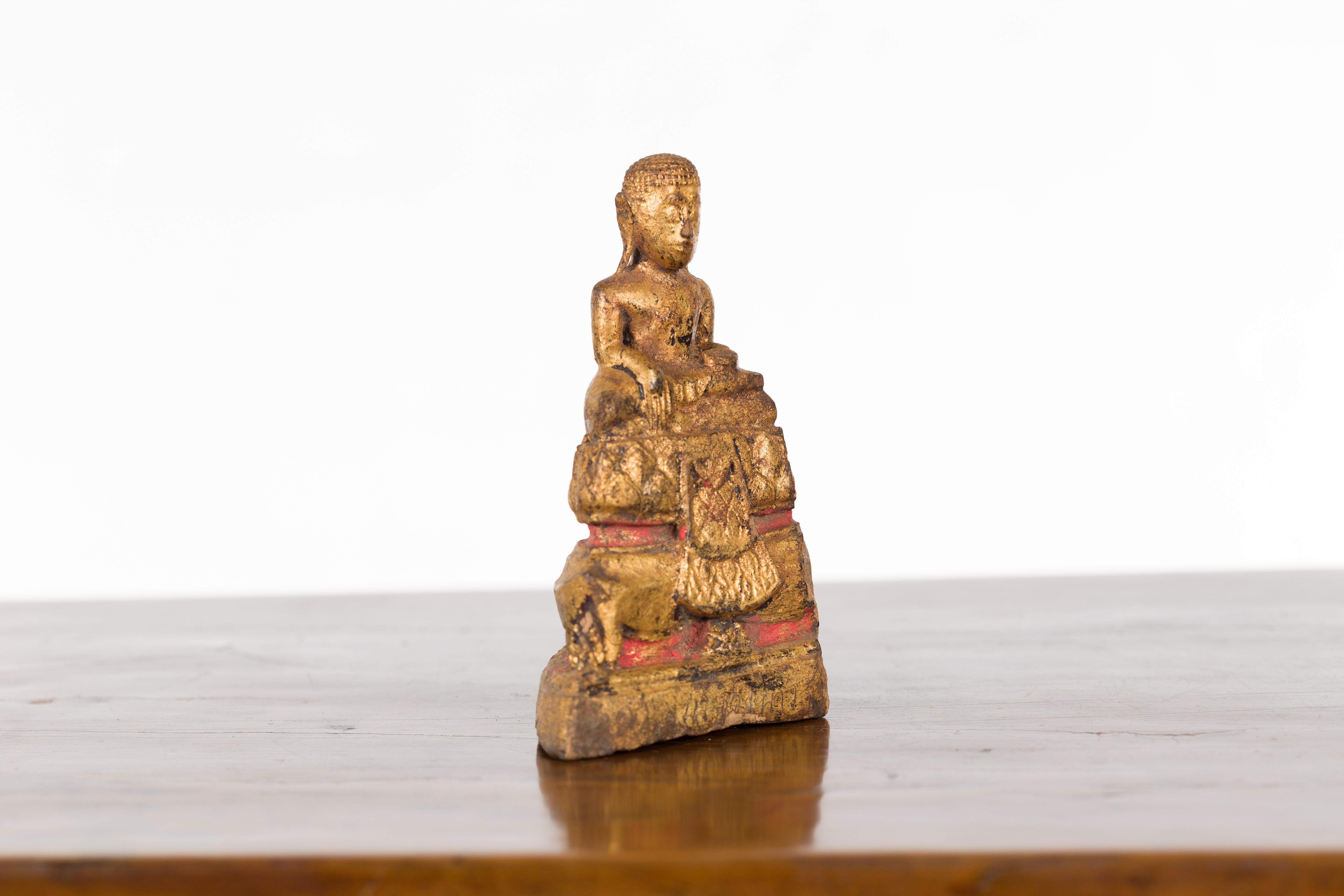 18th Century and Earlier Petite Giltwood Thai Ayutthaya Period Buddha Sculpture with Bhumisparsha Mudra