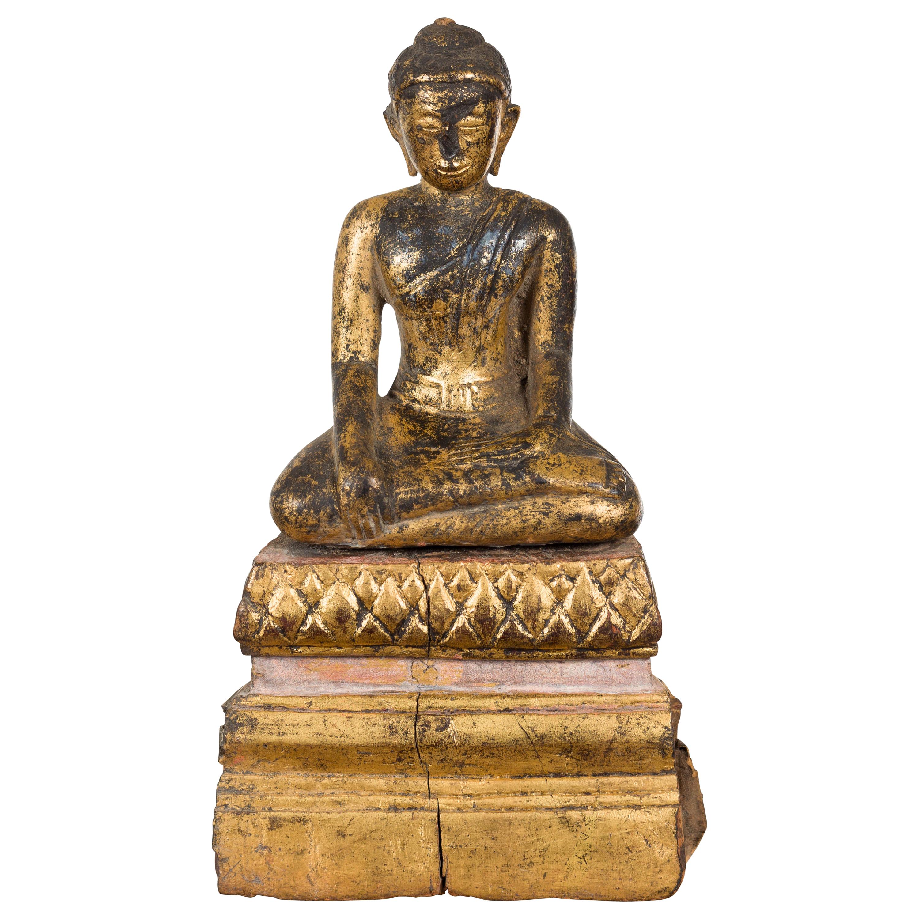 Petite Giltwood Thai Ayutthaya Period Buddha Sculpture with Bhumisparsha Mudra