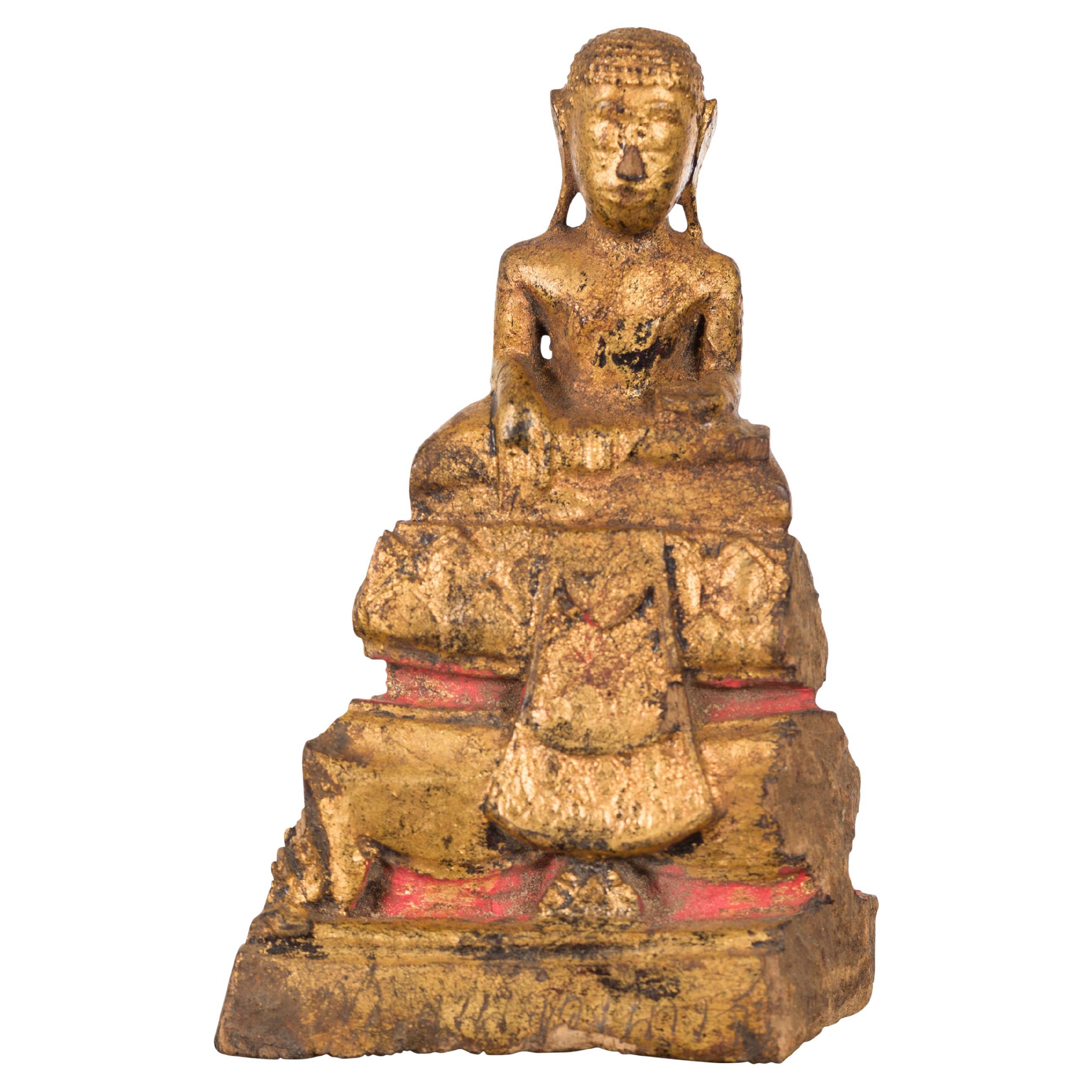 Petite Giltwood Thai Ayutthaya Period Buddha Sculpture with Bhumisparsha Mudra