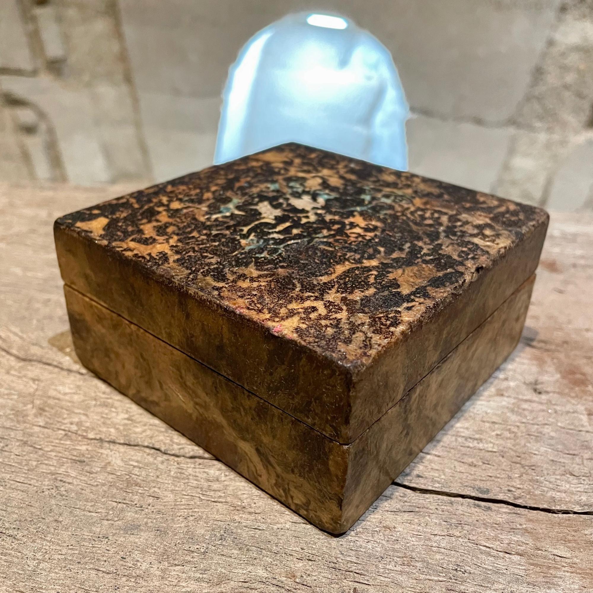 Petite goatskin embellished wood trinket secret box Mexico City 1960s
Size: 2 tall x 4 x 4 inches
Preowned unrestored vintage condition and presentation.
See our images please.
 
  