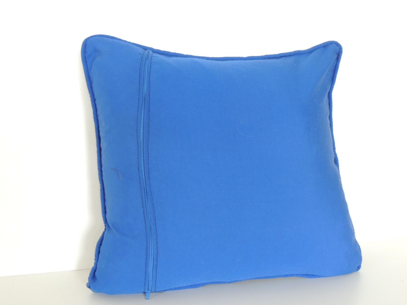 Machine-Made Petite Greek Isle Style Blue and Natural Embroidered Decorative Pillow